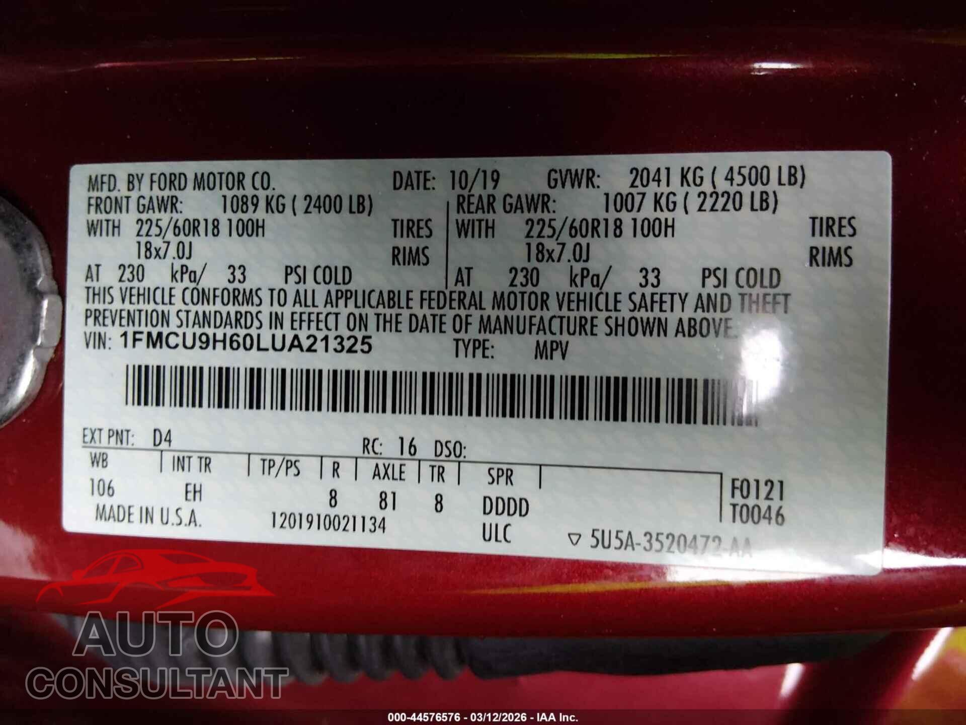 FORD ESCAPE 2020 - 1FMCU9H60LUA21325