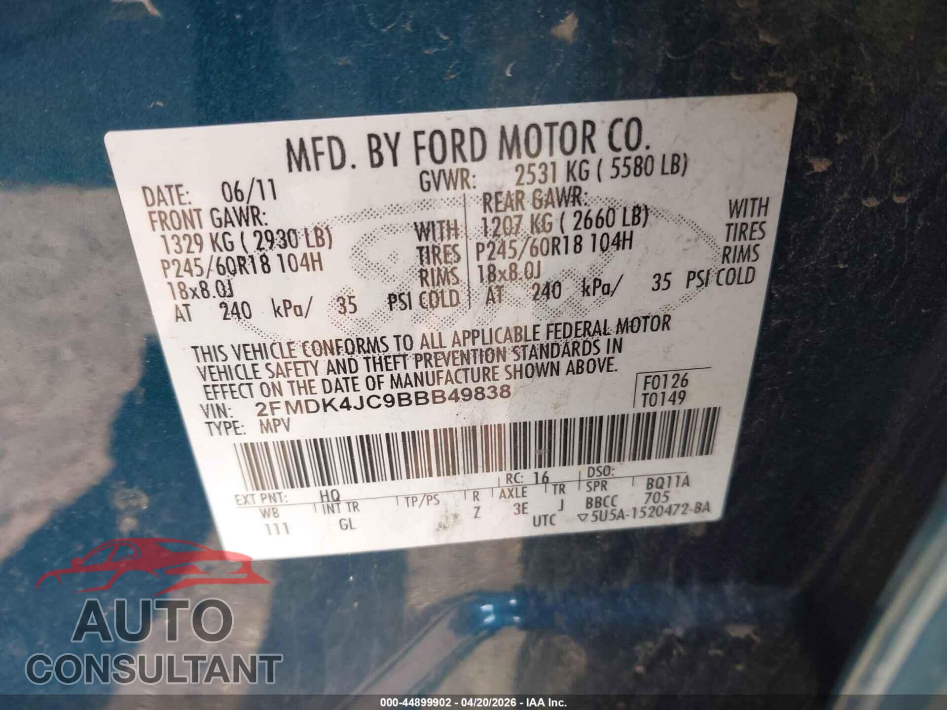 FORD EDGE 2011 - 2FMDK4JC9BBB49838