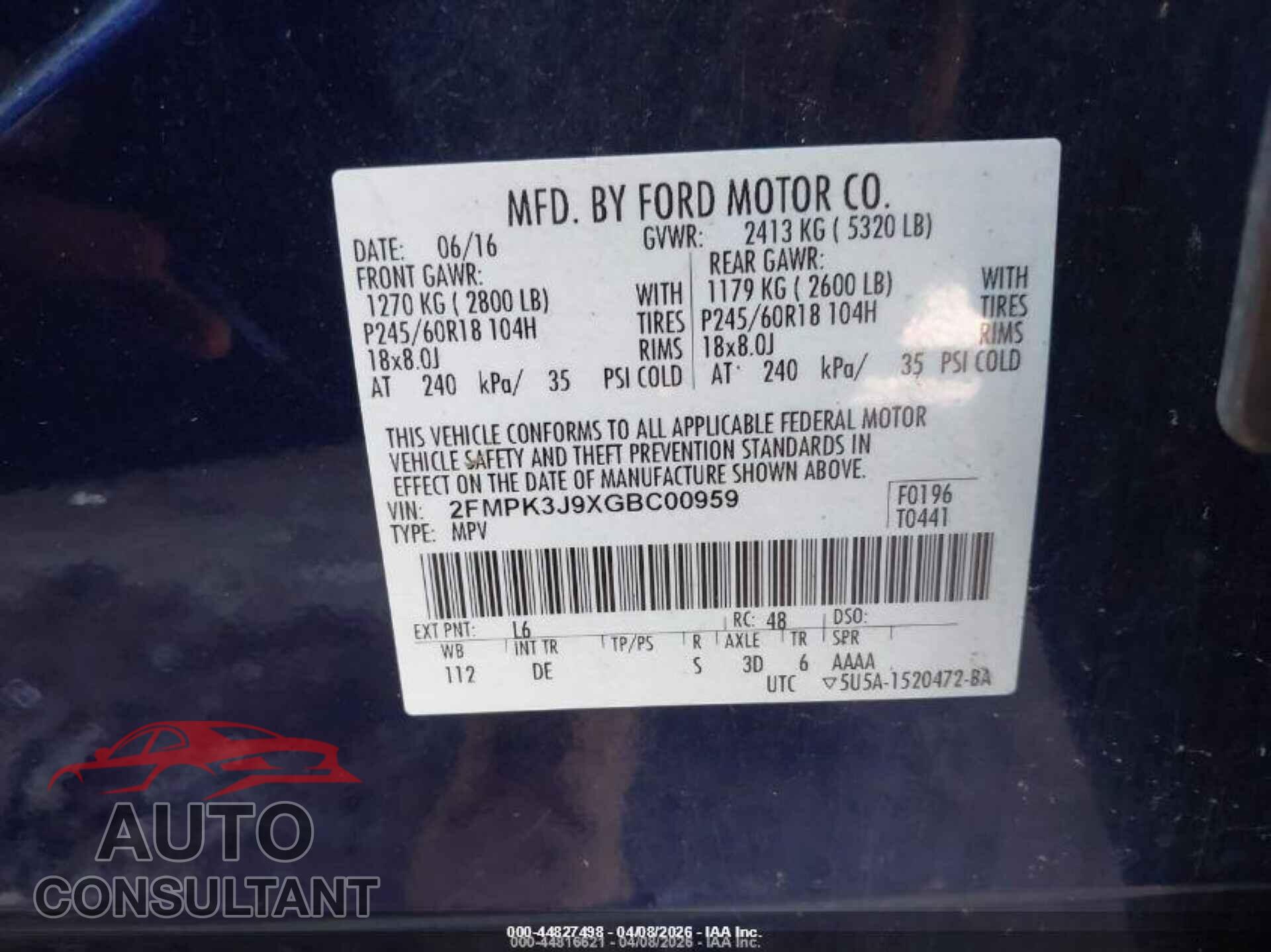 FORD EDGE 2016 - 2FMPK3J9XGBC00959
