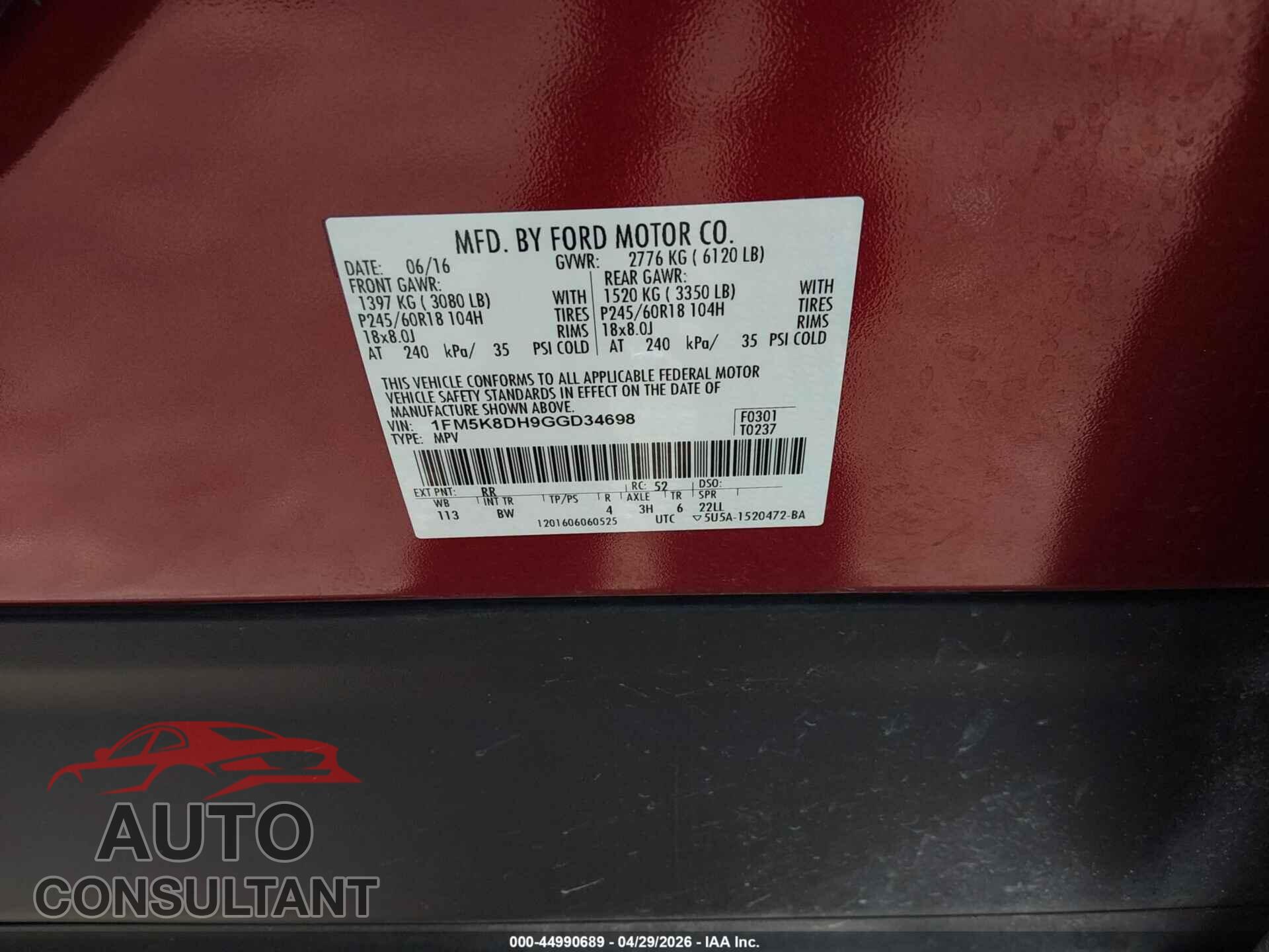 FORD EXPLORER 2016 - 1FM5K8DH9GGD34698
