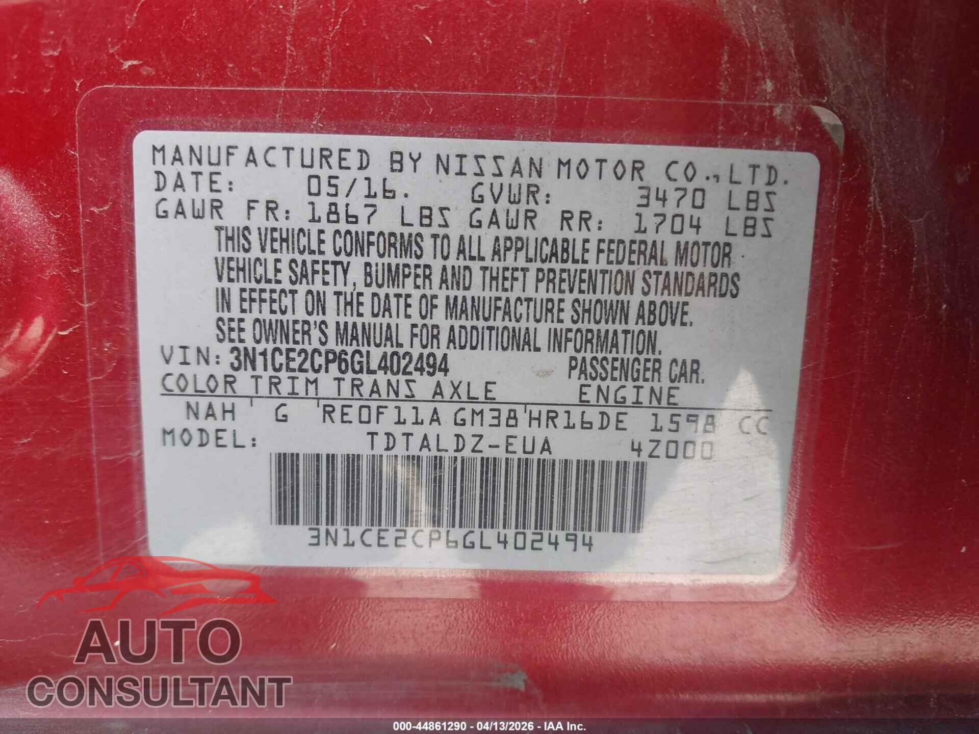 NISSAN VERSA NOTE 2016 - 3N1CE2CP6GL402494