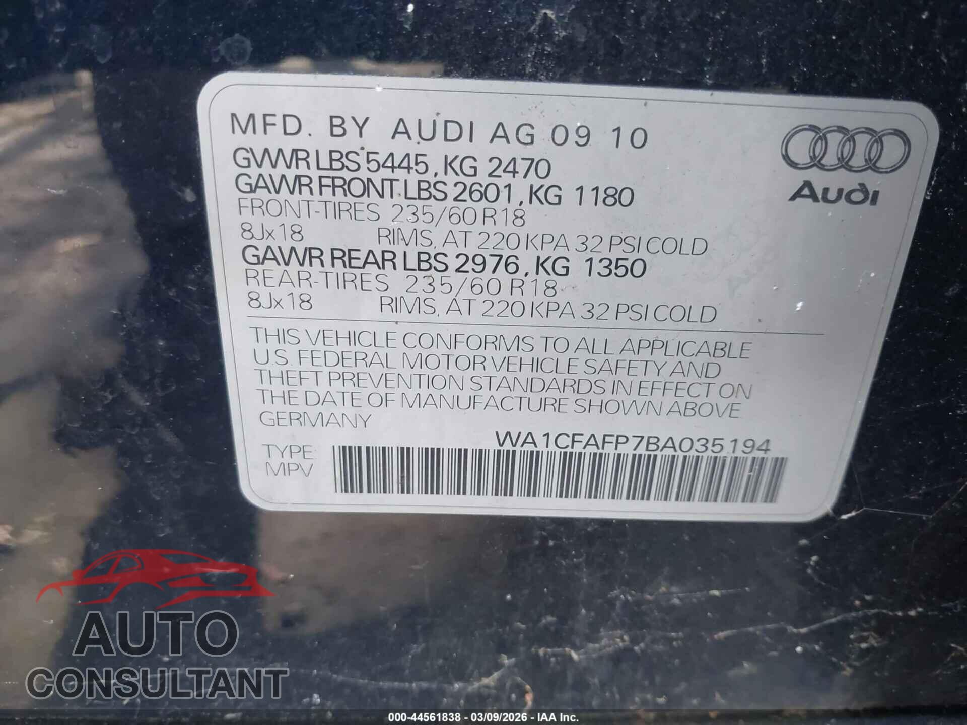 AUDI Q5 2011 - WA1CFAFP7BA035194
