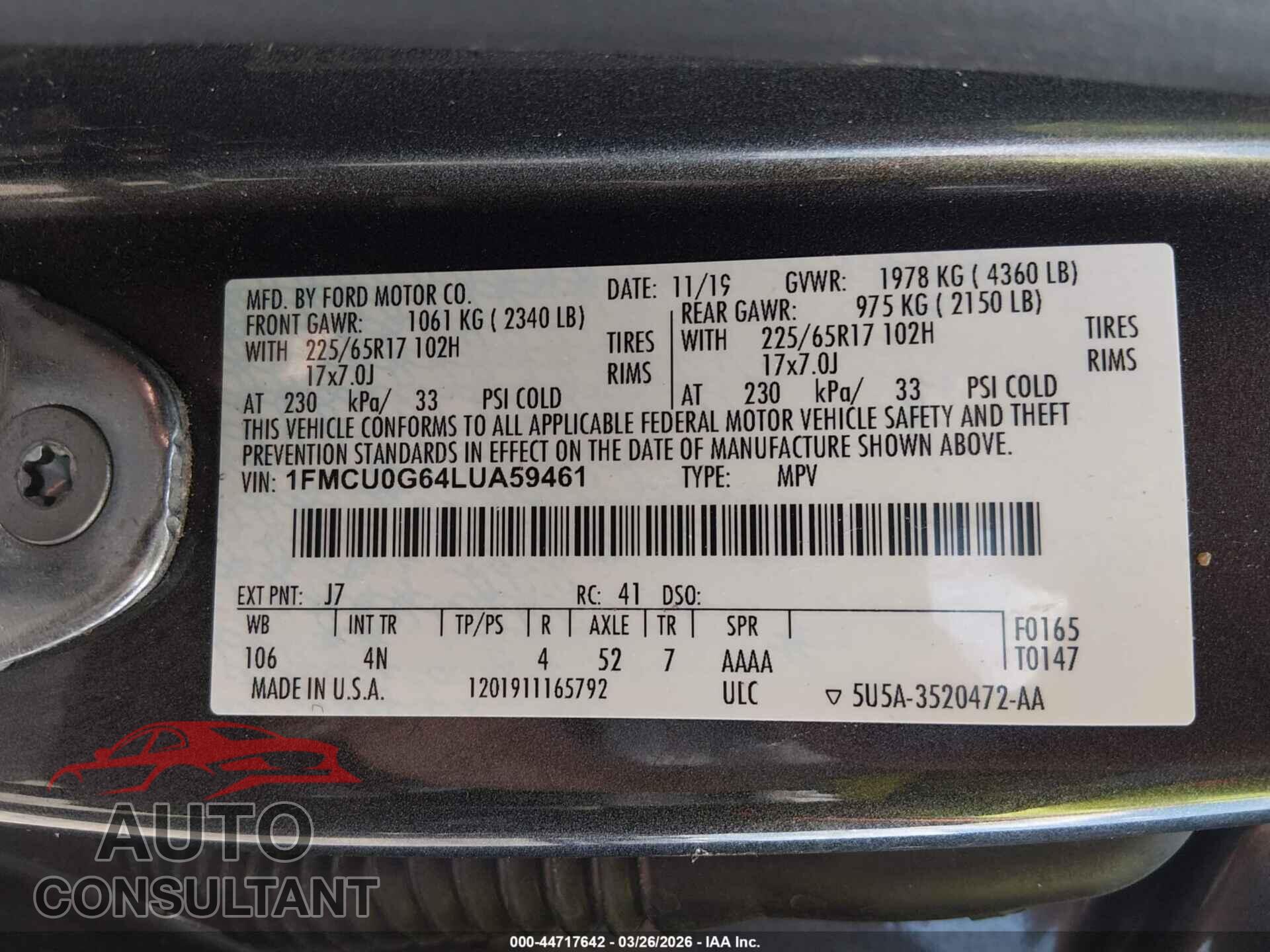 FORD ESCAPE 2020 - 1FMCU0G64LUA59461
