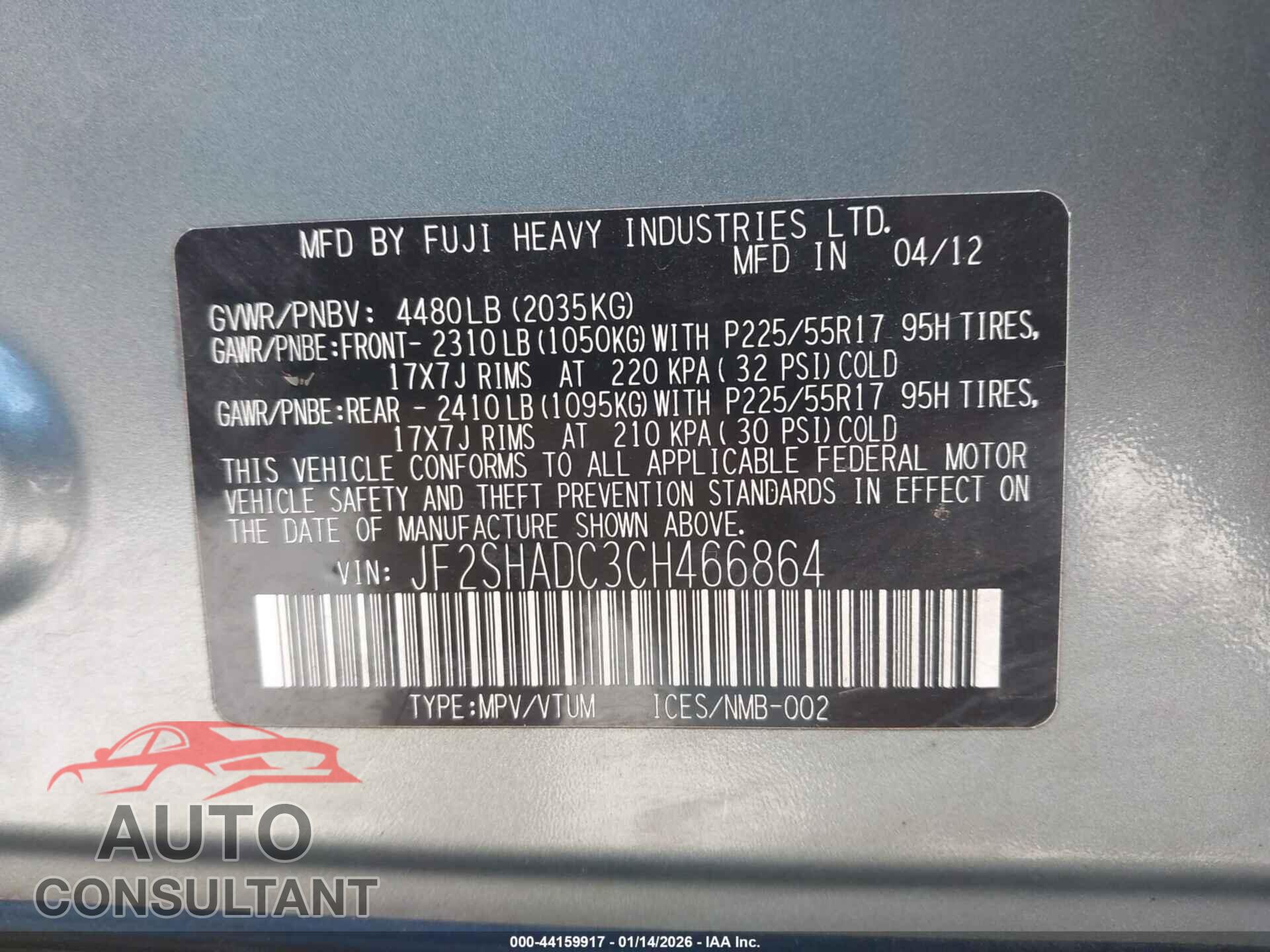 SUBARU FORESTER 2012 - JF2SHADC3CH466864