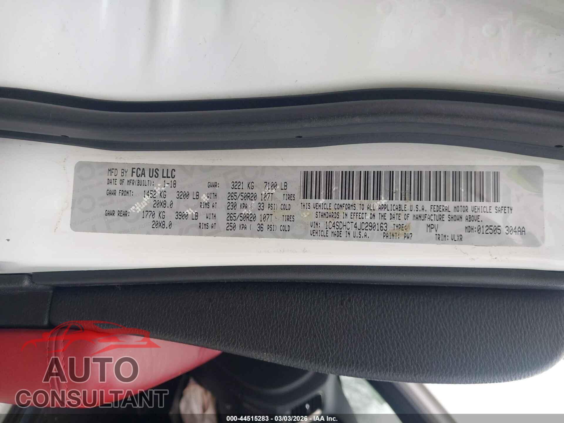 DODGE DURANGO 2018 - 1C4SDHCT4JC290163