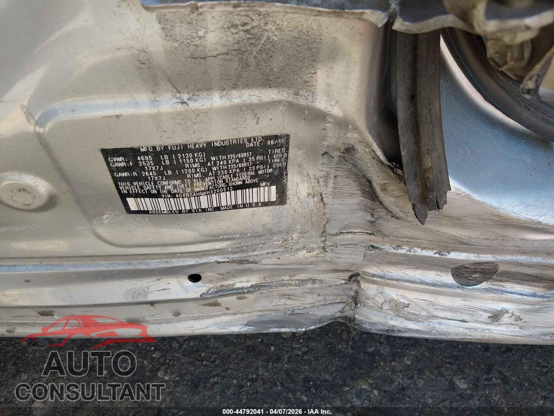 SUBARU OUTBACK 2017 - 4S4BSAHCXH3200512
