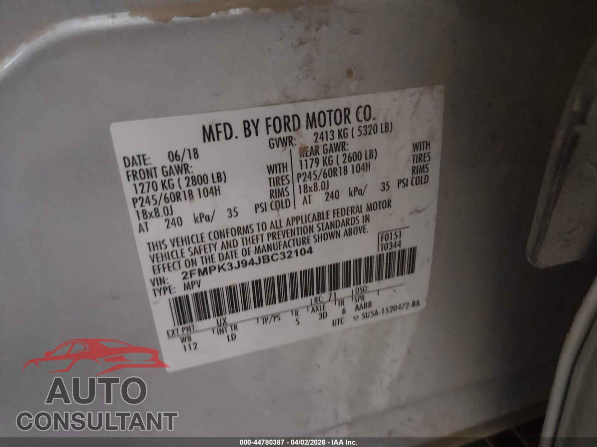FORD EDGE 2018 - 2FMPK3J94JBC32104