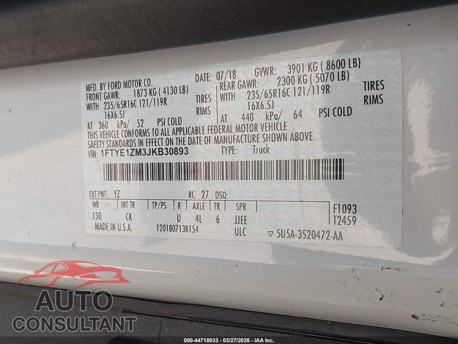 FORD TRANSIT-150 2018 - 1FTYE1ZM3JKB30893