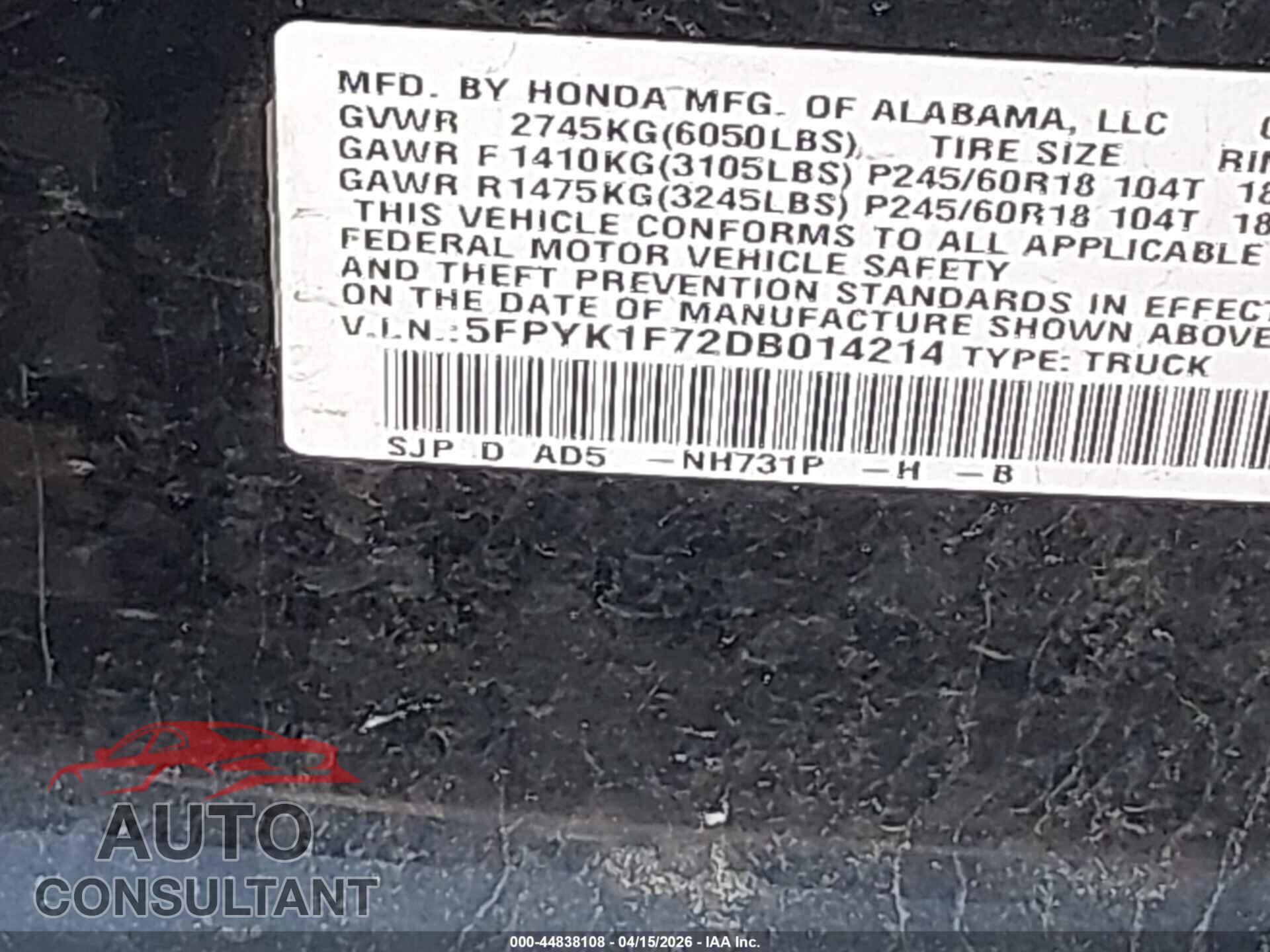 HONDA RIDGELINE 2013 - 5FPYK1F72DB014214