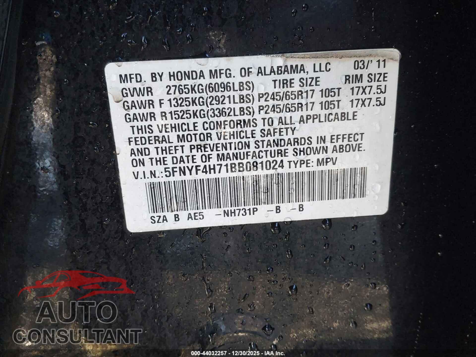 HONDA PILOT 2011 - 5FNYF4H71BB081024