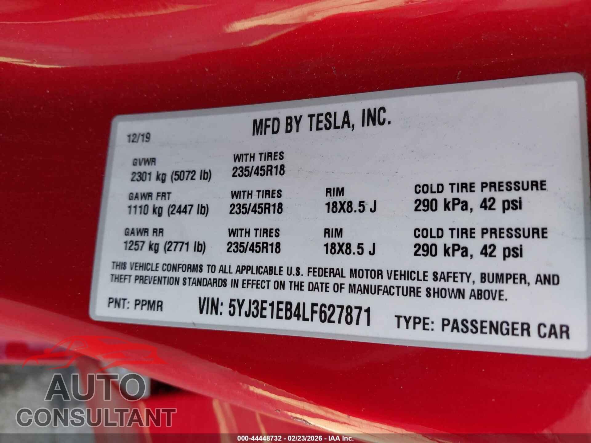 TESLA MODEL 3 2020 - 5YJ3E1EB4LF627871