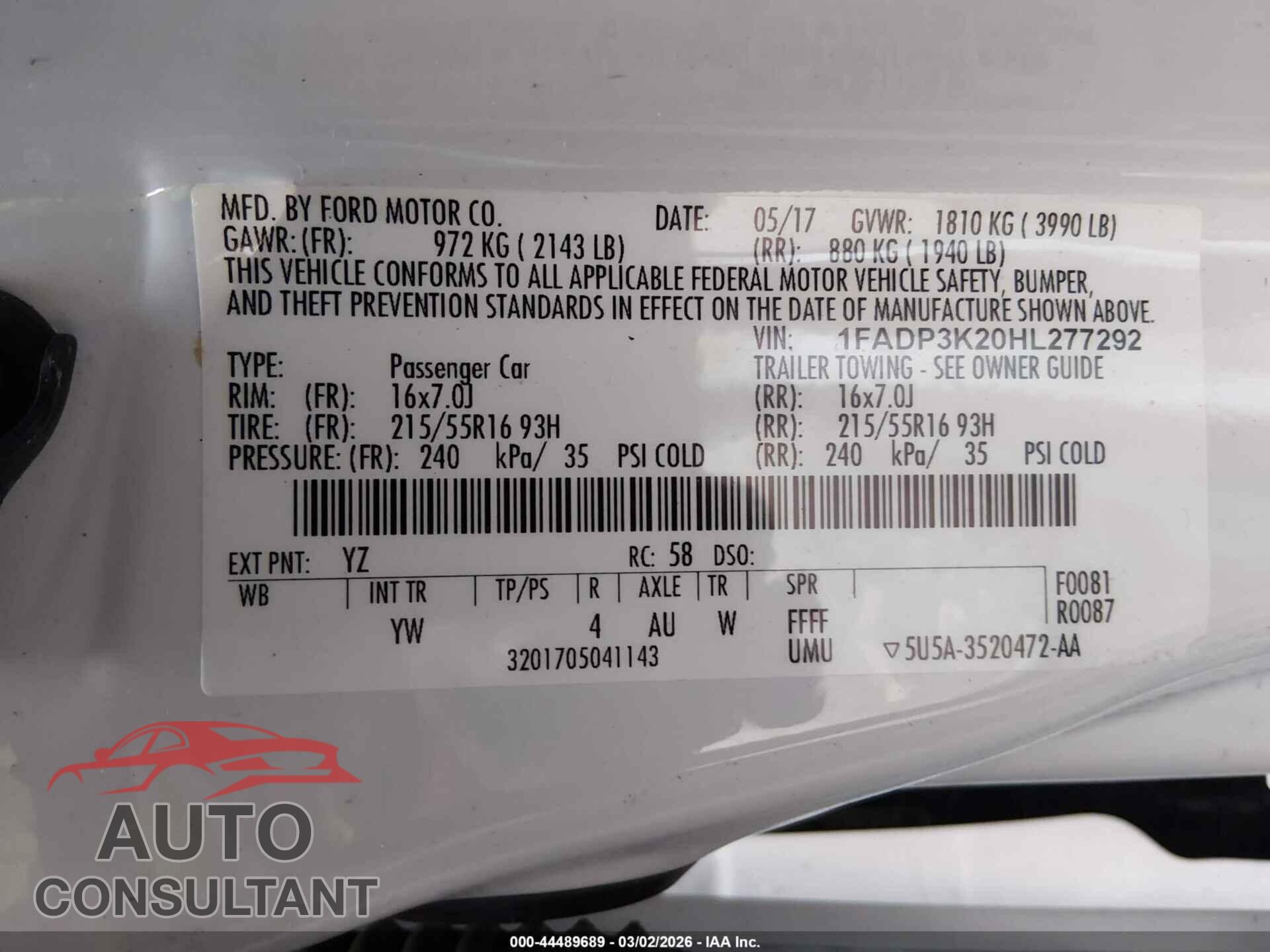 FORD FOCUS 2017 - 1FADP3K20HL277292