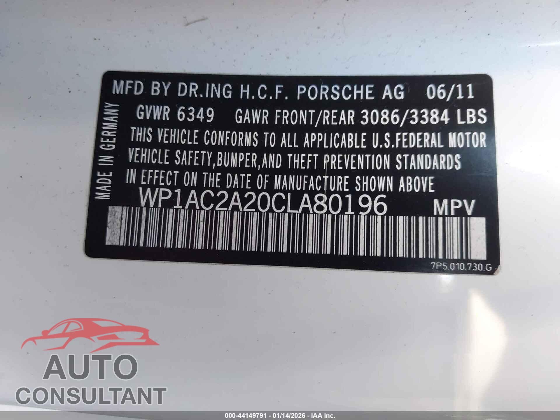 PORSCHE CAYENNE 2012 - WP1AC2A20CLA80196