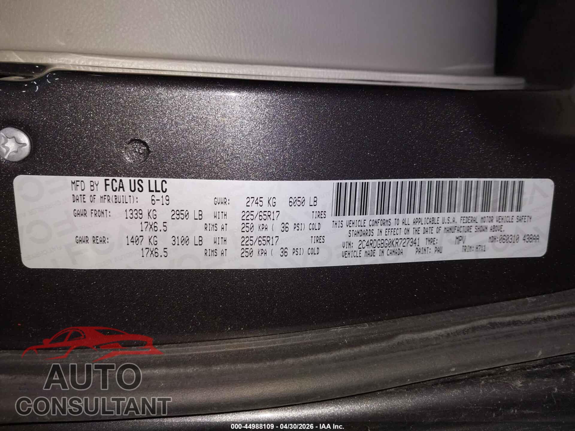 DODGE GRAND CARAVAN 2019 - 2C4RDGBG0KR727341