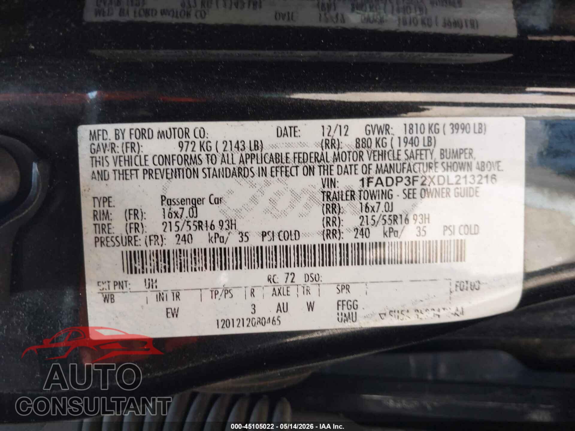 FORD FOCUS 2013 - 1FADP3F2XDL213216