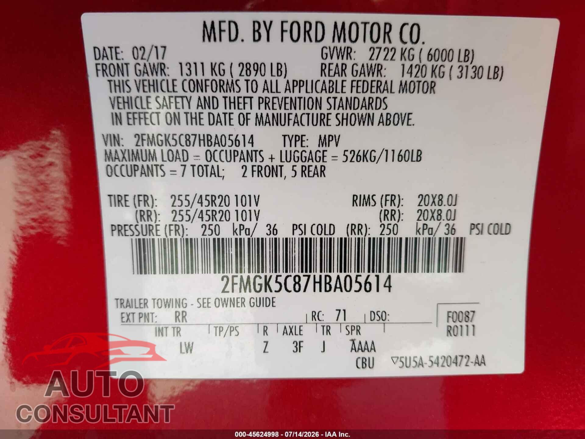 FORD FLEX 2017 - 2FMGK5C87HBA05614