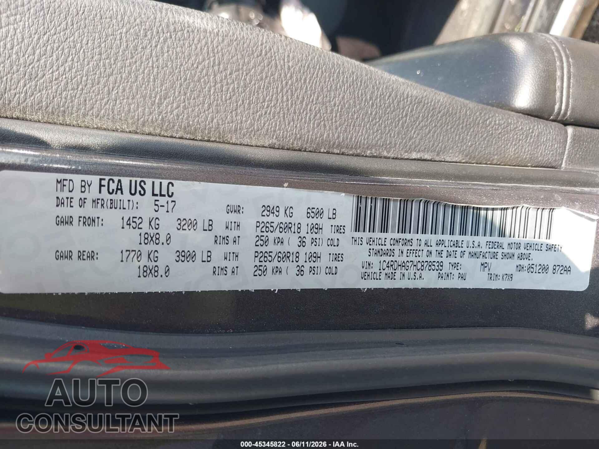 DODGE DURANGO 2017 - 1C4RDHAG7HC878539