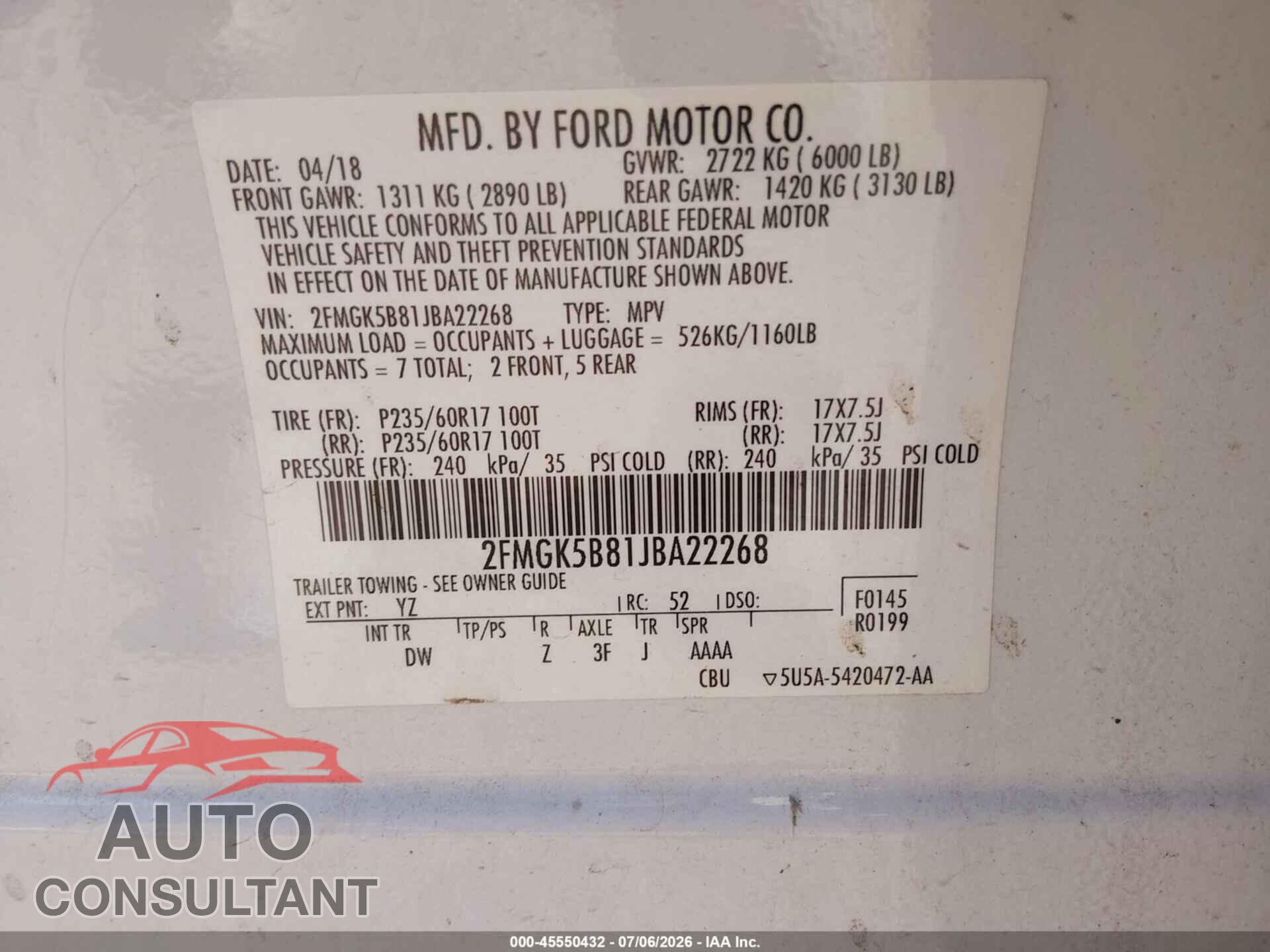 FORD FLEX 2018 - 2FMGK5B81JBA22268