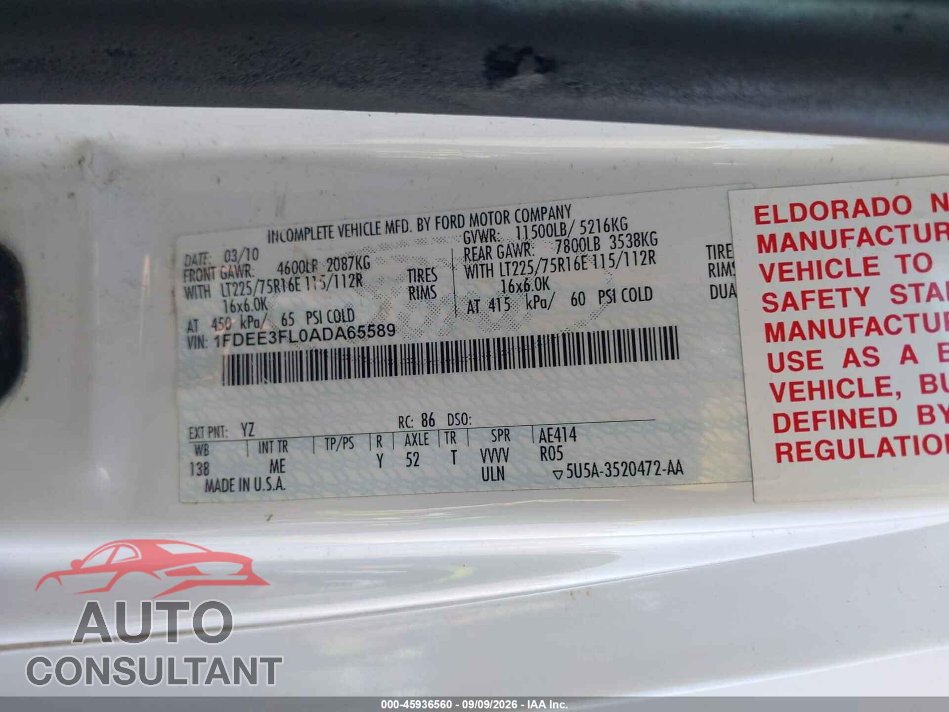 FORD E-350 CUTAWAY 2010 - 1FDEE3FL0ADA65589