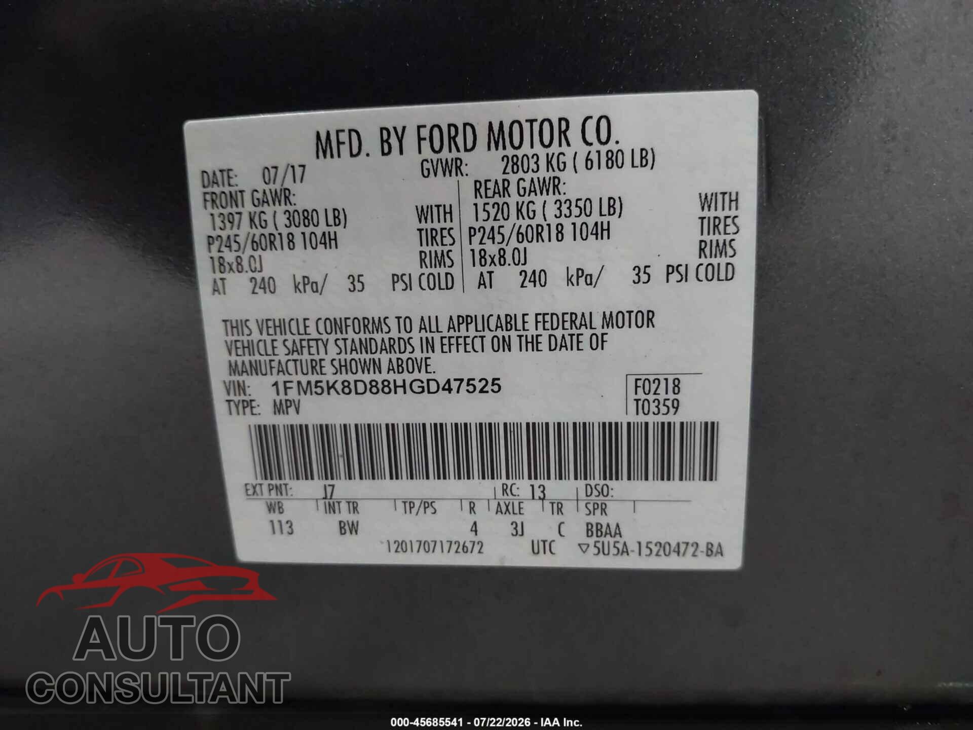 FORD EXPLORER 2017 - 1FM5K8D88HGD47525