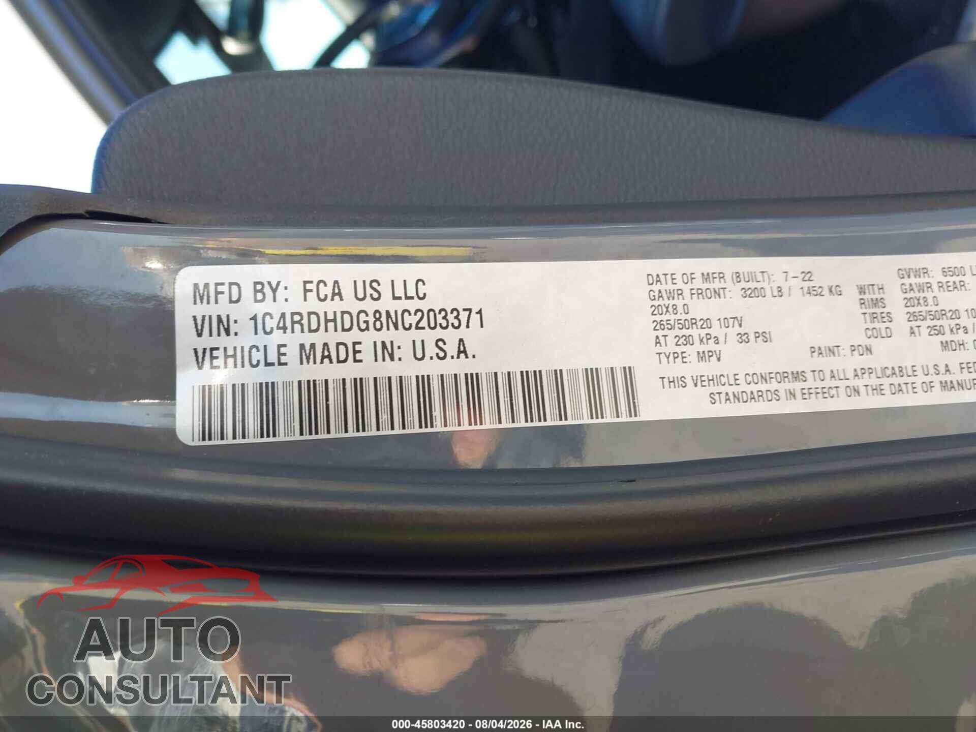 DODGE DURANGO 2022 - 1C4RDHDG8NC203371