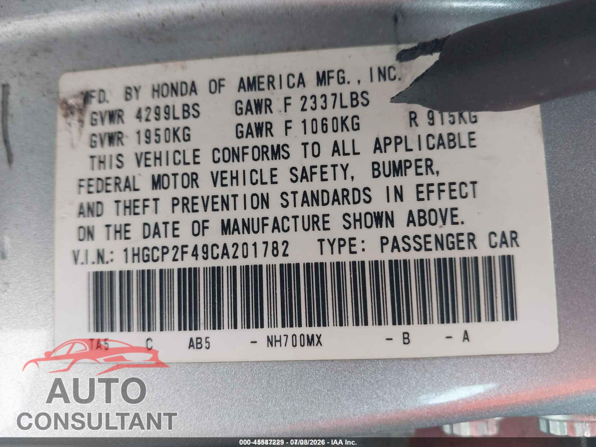 HONDA ACCORD 2012 - 1HGCP2F49CA201782