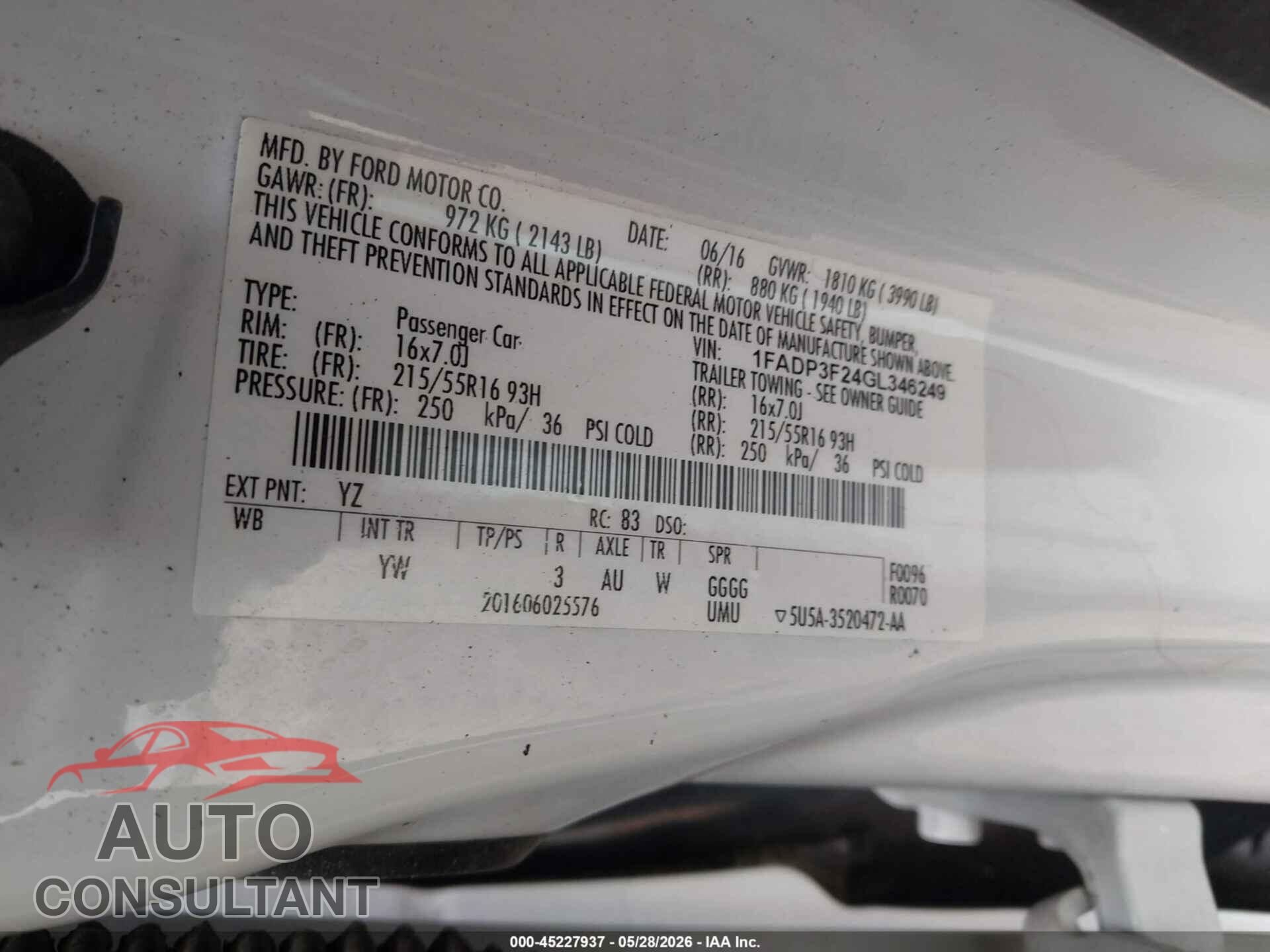 FORD FOCUS 2016 - 1FADP3F24GL346249