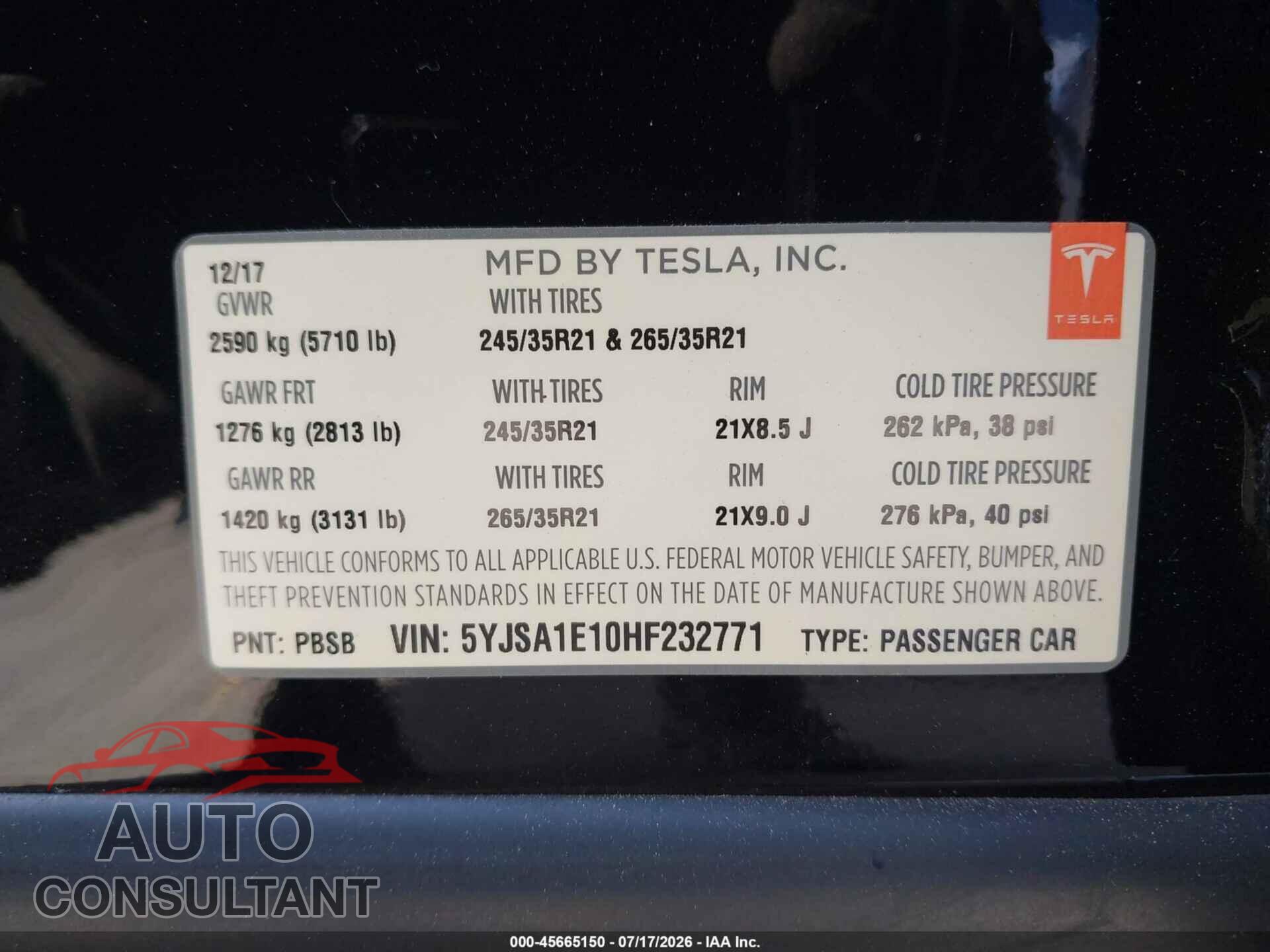 TESLA MODEL S 2017 - 5YJSA1E10HF232771