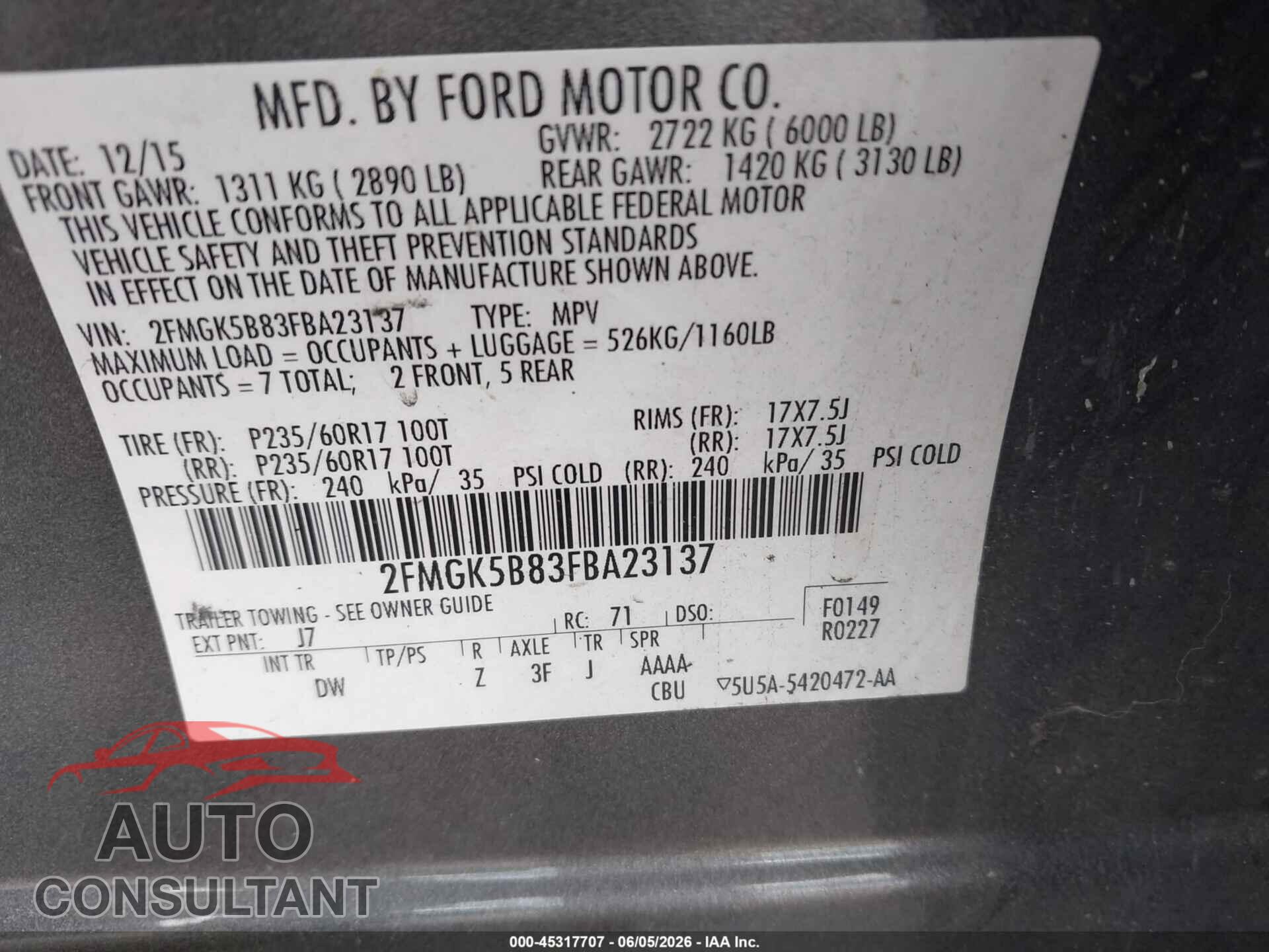 FORD FLEX 2015 - 2FMGK5B83FBA23137
