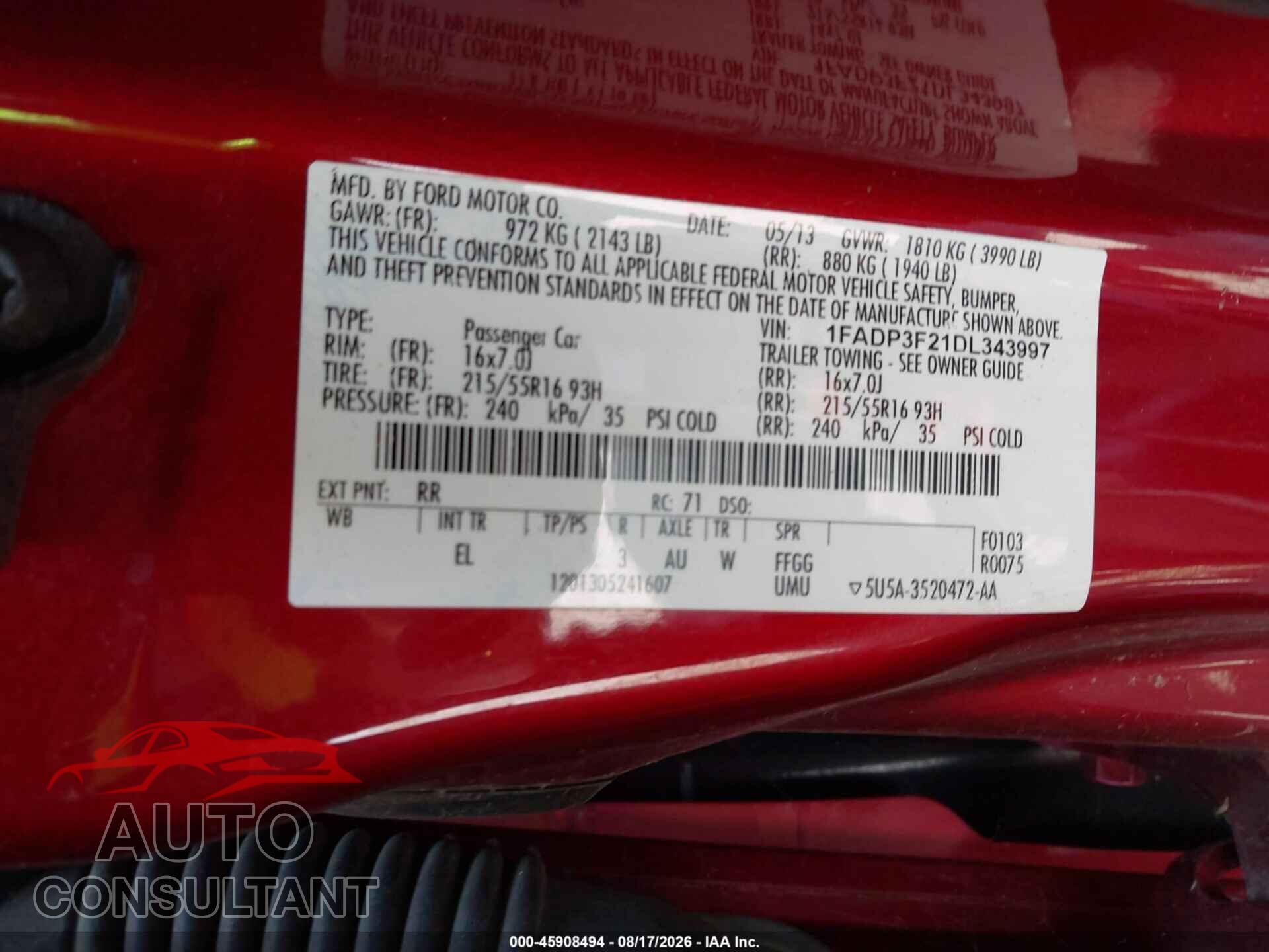 FORD FOCUS 2013 - 1FADP3F21DL343997