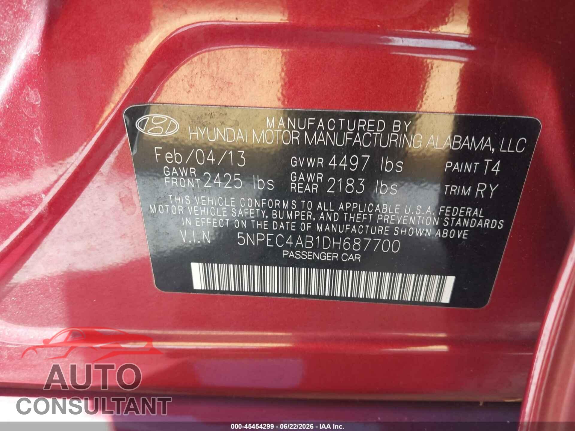 HYUNDAI SONATA 2013 - 5NPEC4AB1DH687700