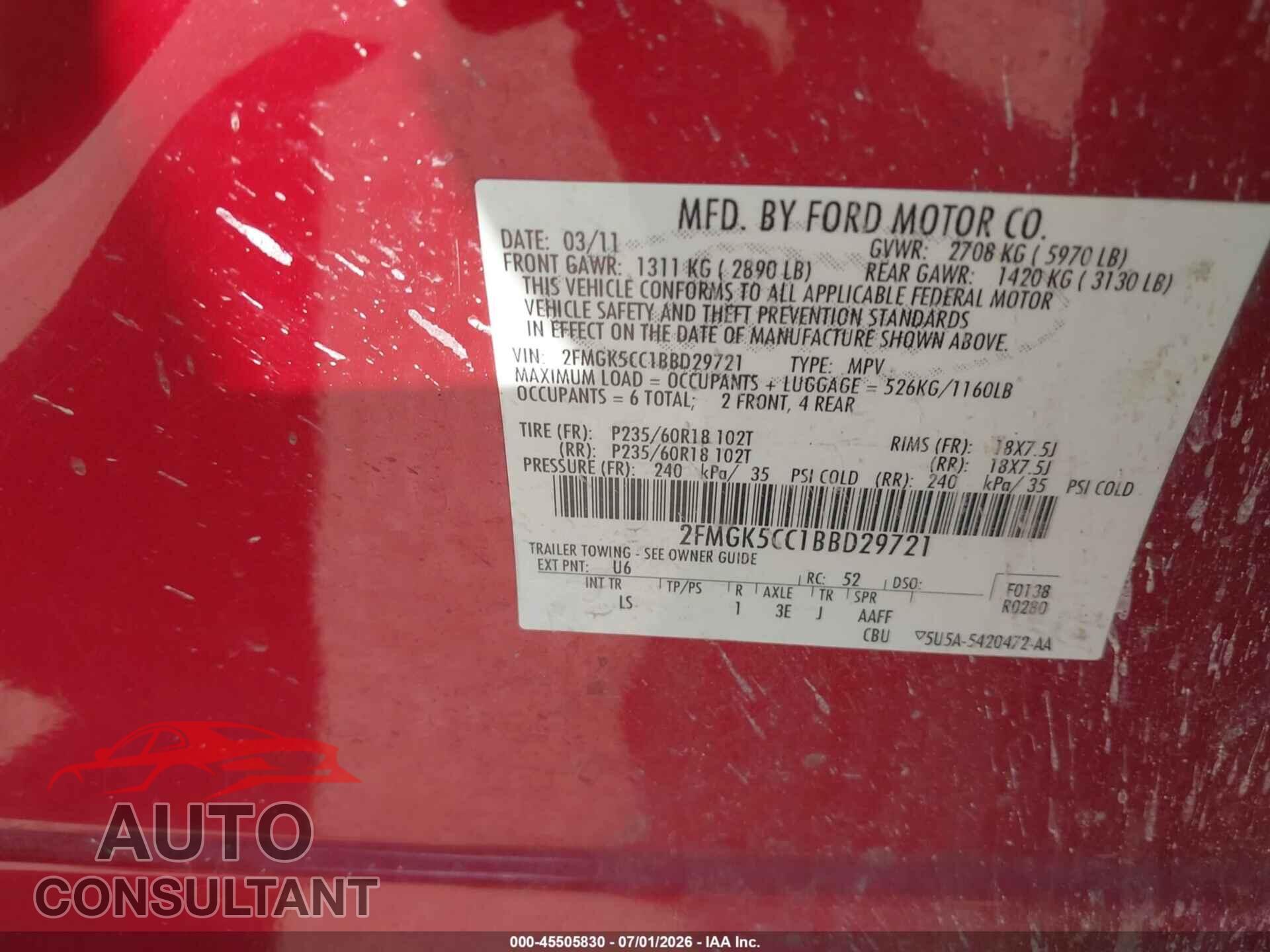 FORD FLEX 2011 - 2FMGK5CC1BBD29721