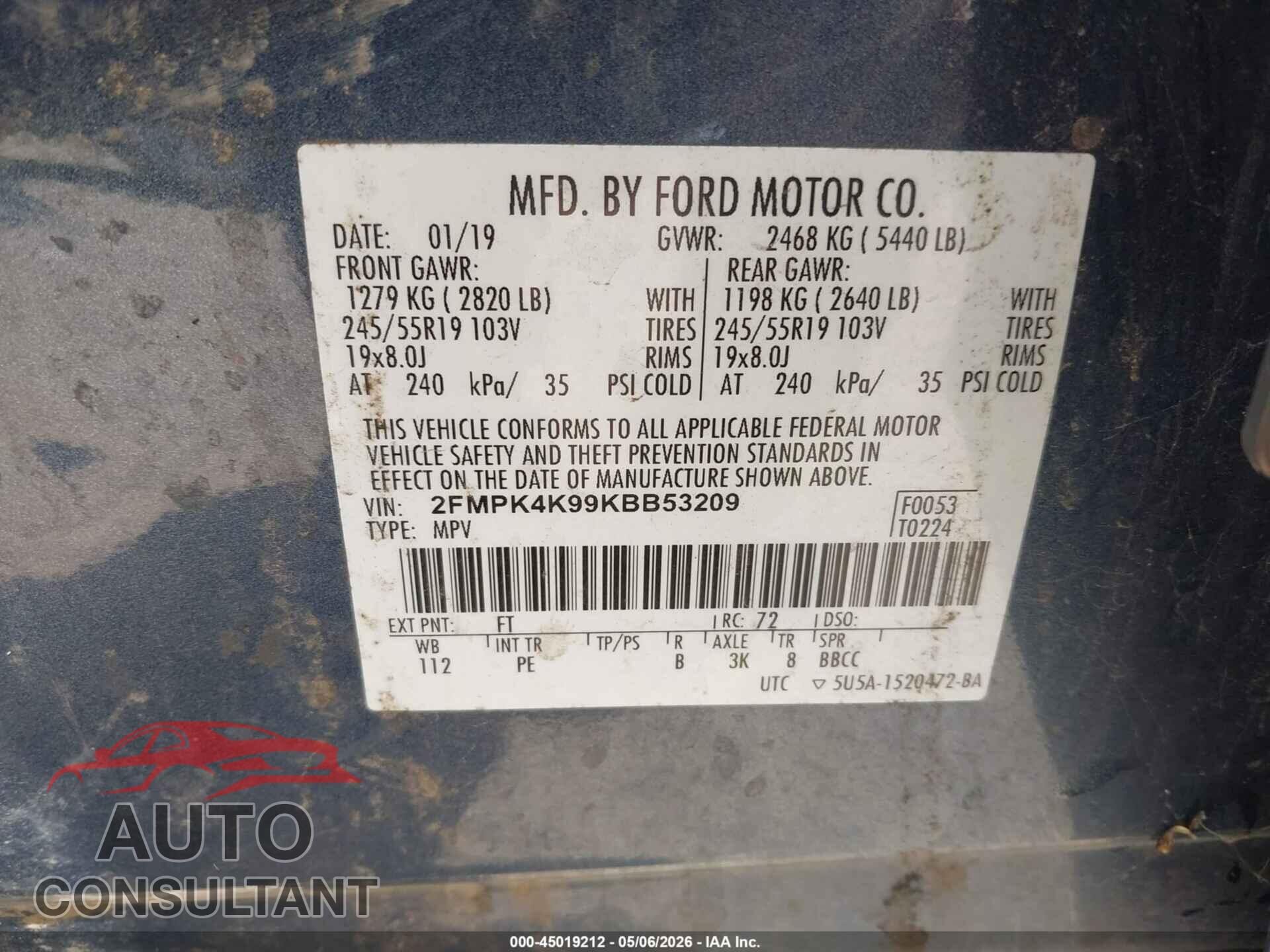 FORD EDGE 2019 - 2FMPK4K99KBB53209
