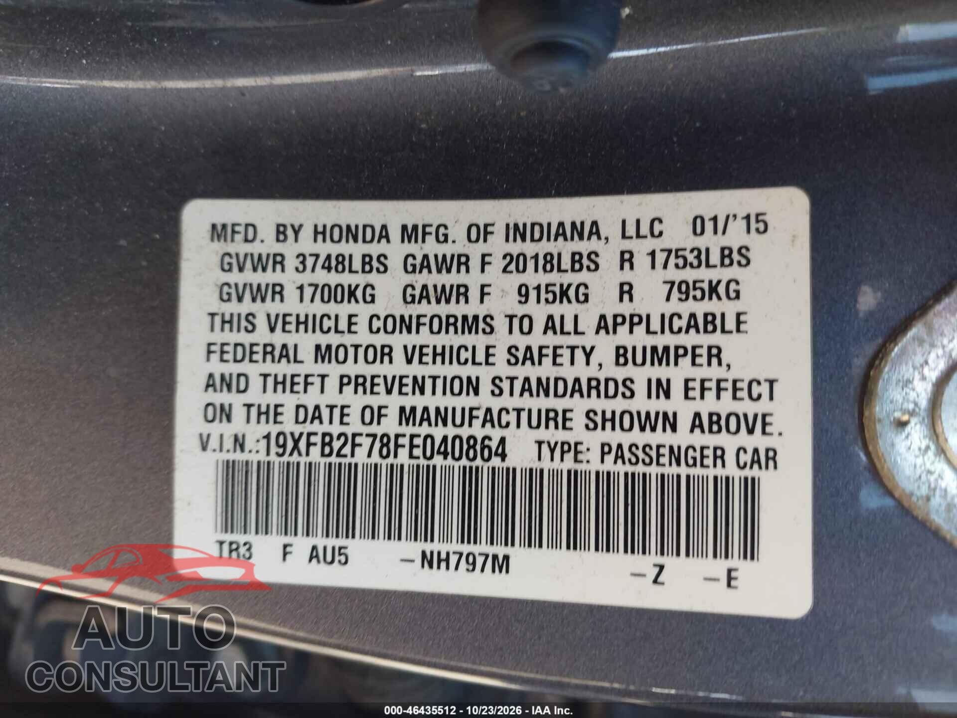 HONDA CIVIC 2015 - 19XFB2F78FE040864