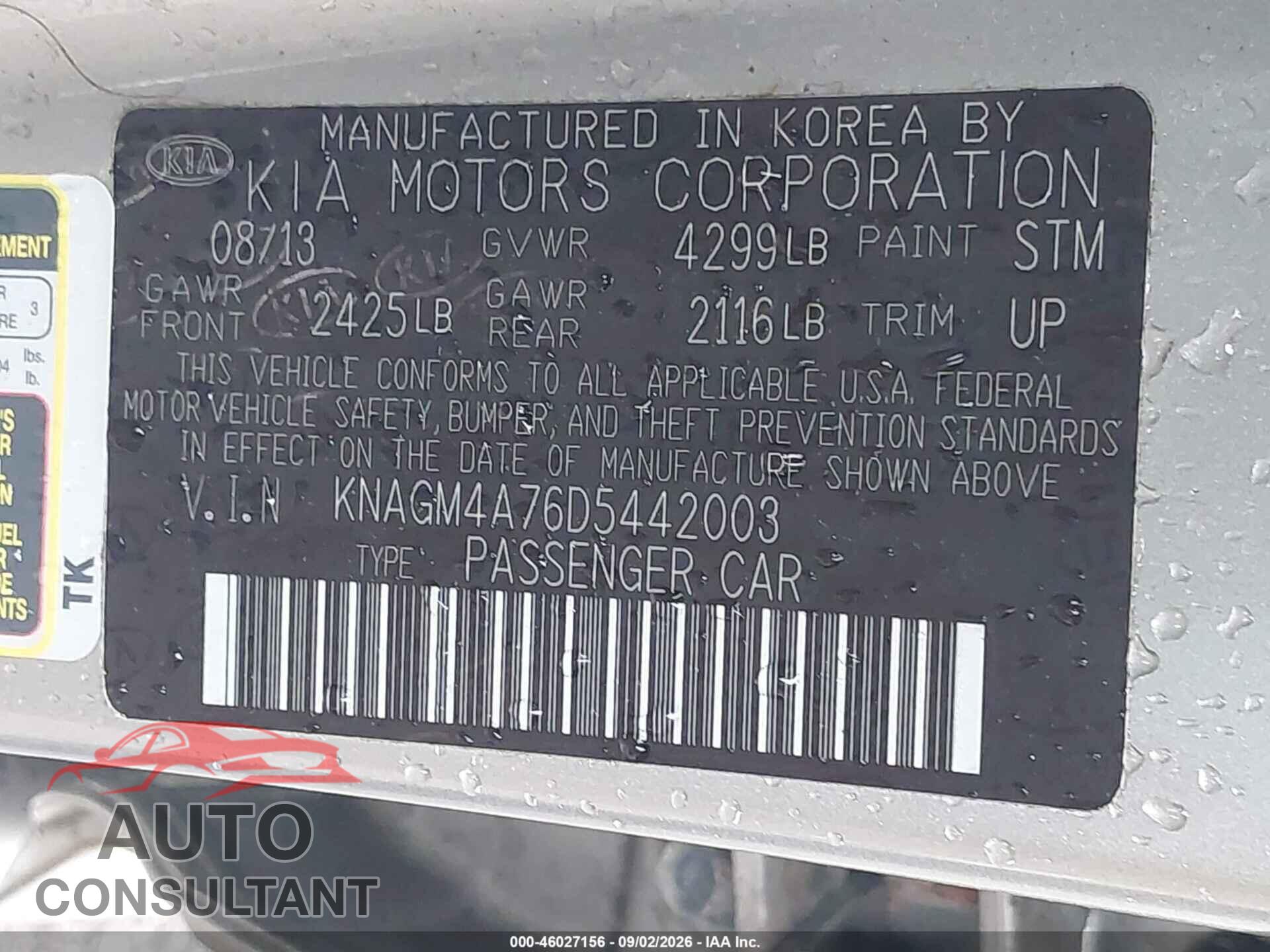 KIA OPTIMA 2013 - KNAGM4A76D5442003