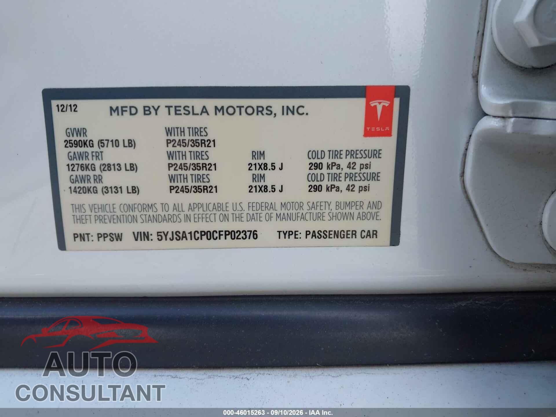 TESLA MODEL S 2012 - 5YJSA1CP0CFP02376