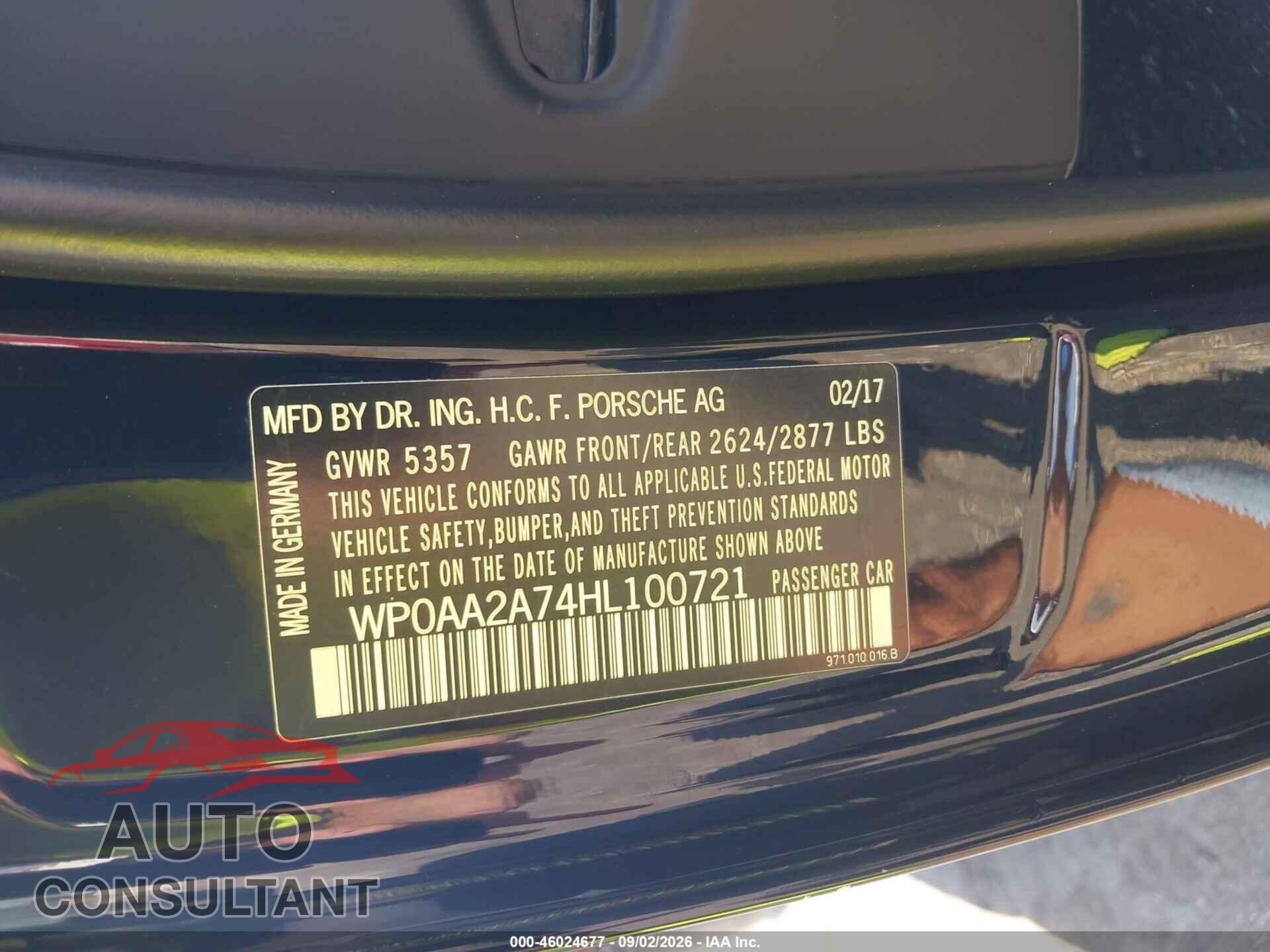 PORSCHE PANAMERA 2017 - WP0AA2A74HL100721