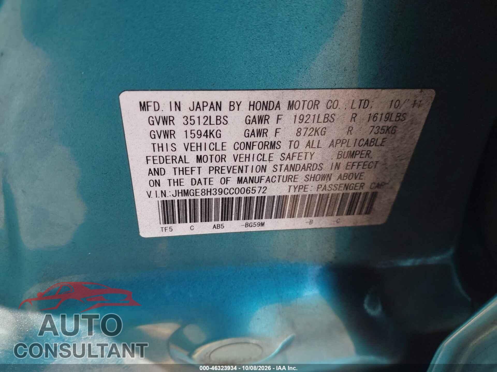 HONDA FIT 2012 - JHMGE8H39CC006572