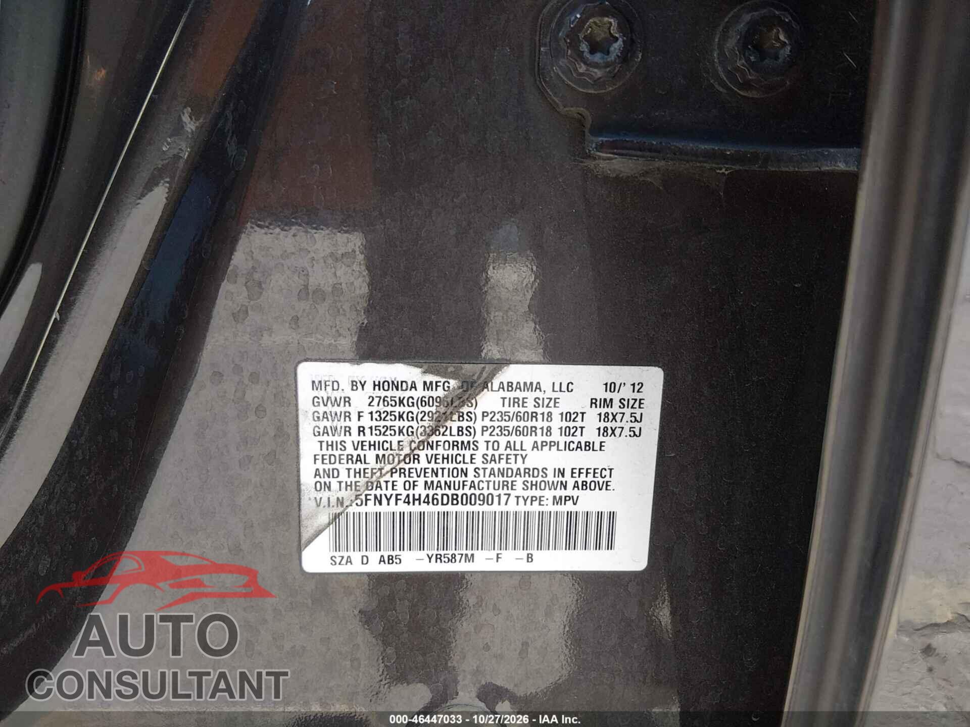 HONDA PILOT 2013 - 5FNYF4H46DB009017