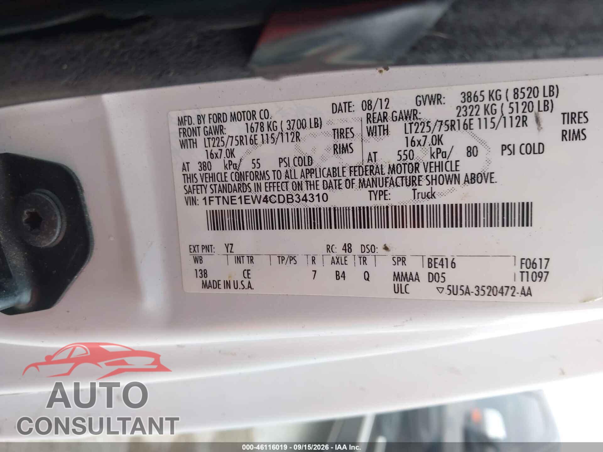 FORD E-150 2012 - 1FTNE1EW4CDB34310