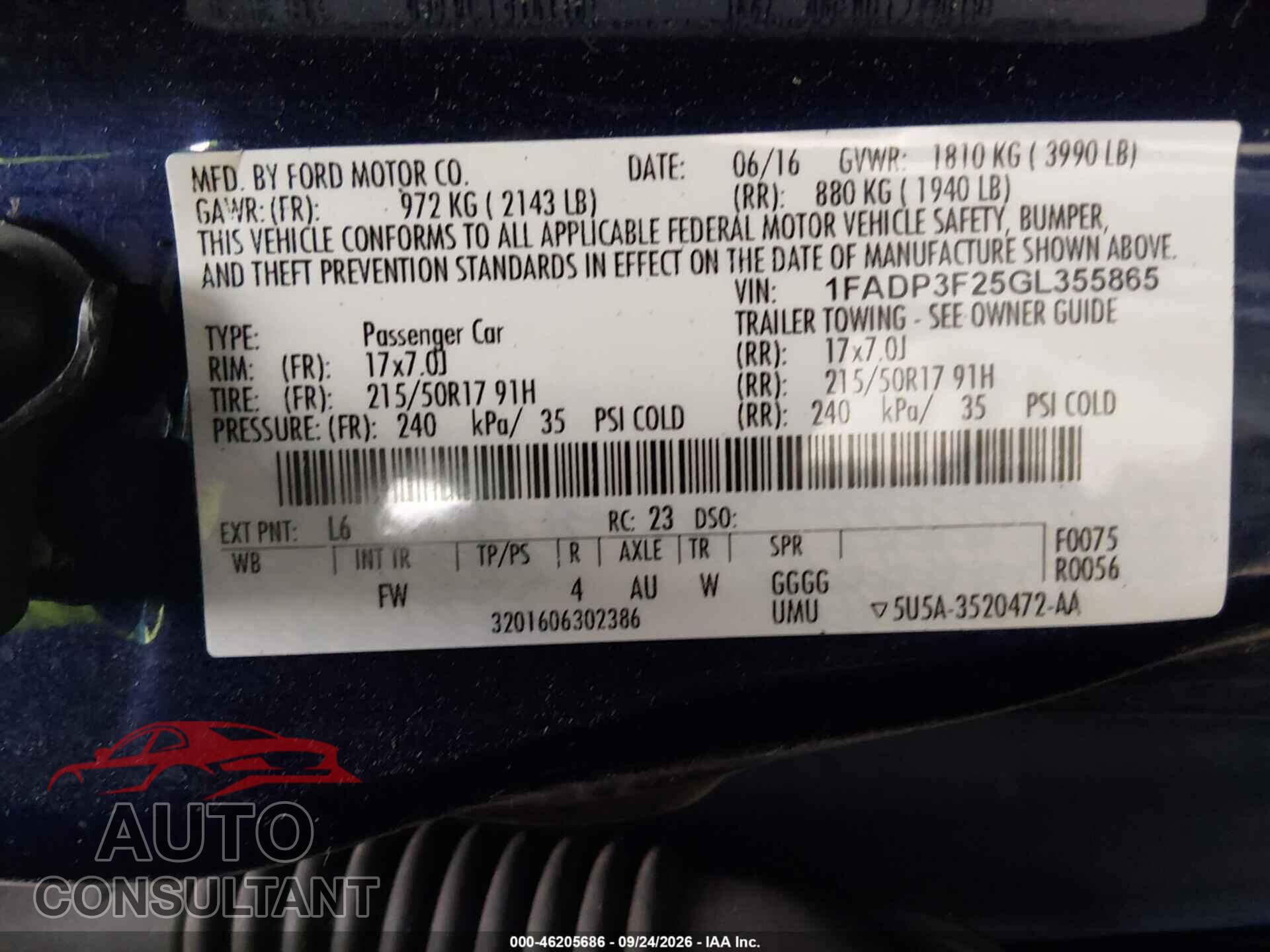 FORD FOCUS 2016 - 1FADP3F25GL355865