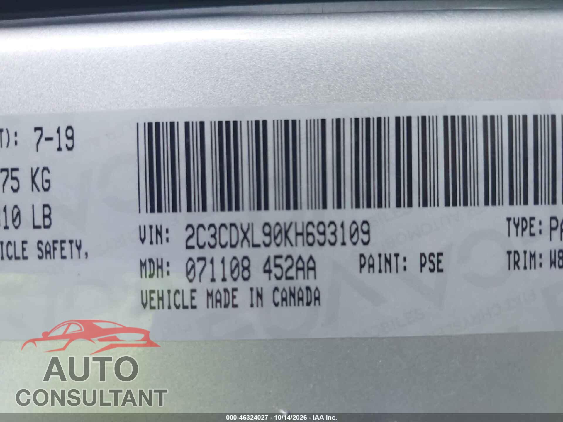 DODGE CHARGER 2019 - 2C3CDXL90KH693109