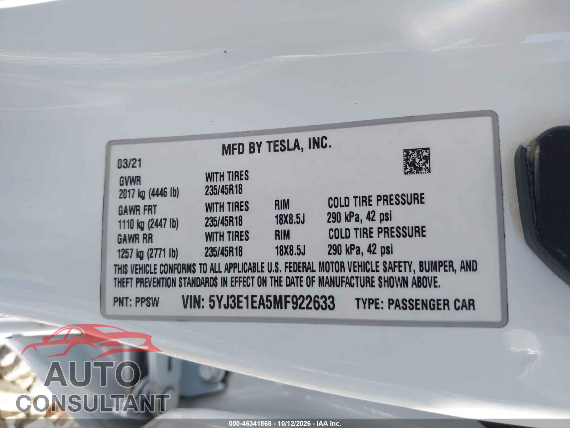 TESLA MODEL 3 2021 - 5YJ3E1EA5MF922633
