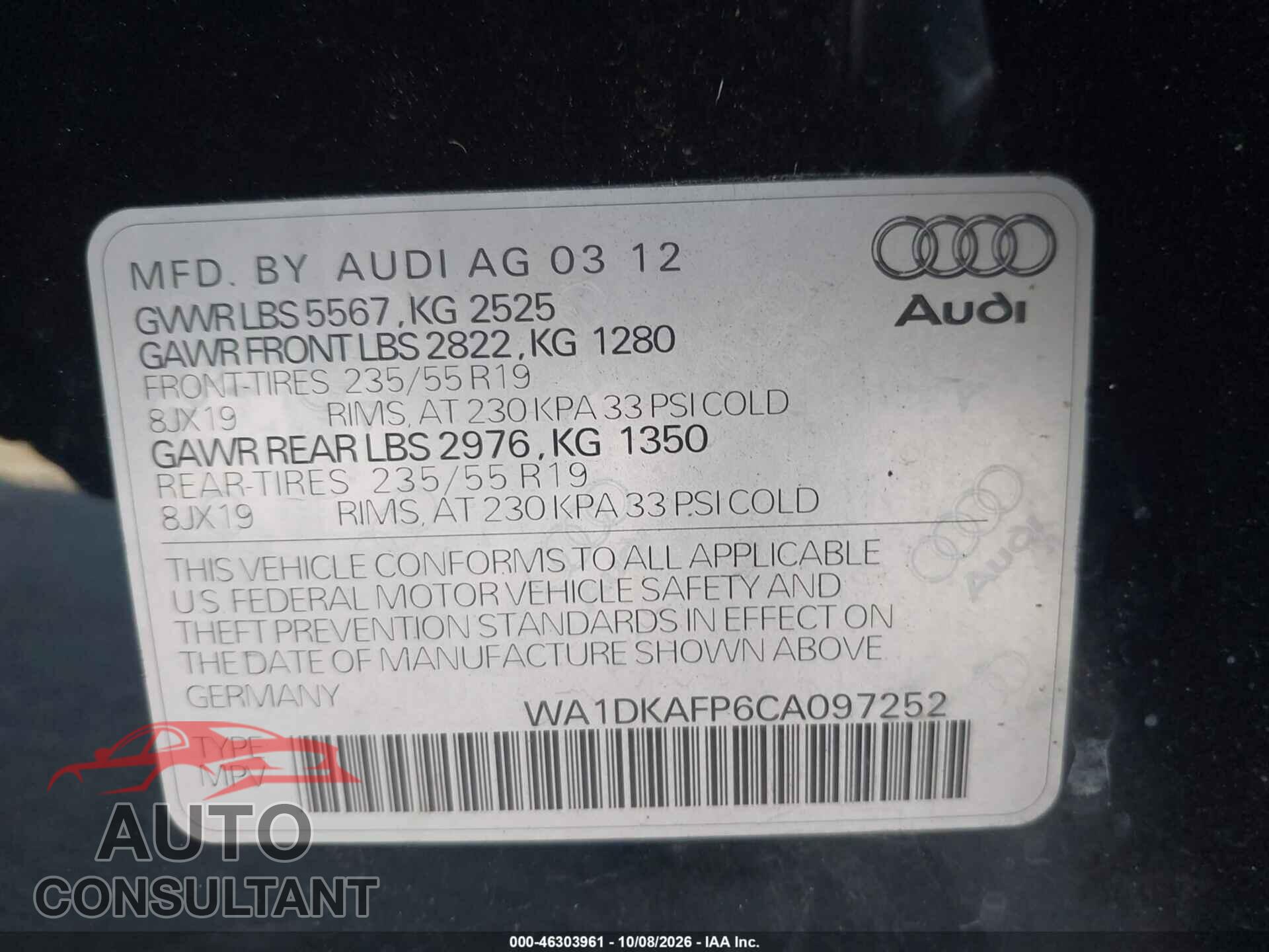 AUDI Q5 2012 - WA1DKAFP6CA097252