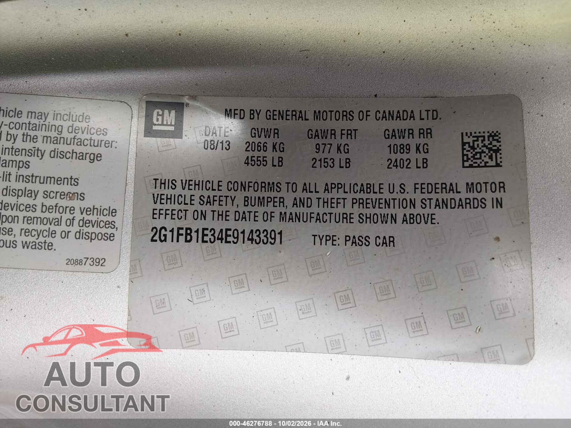 CHEVROLET CAMARO 2014 - 2G1FB1E34E9143391