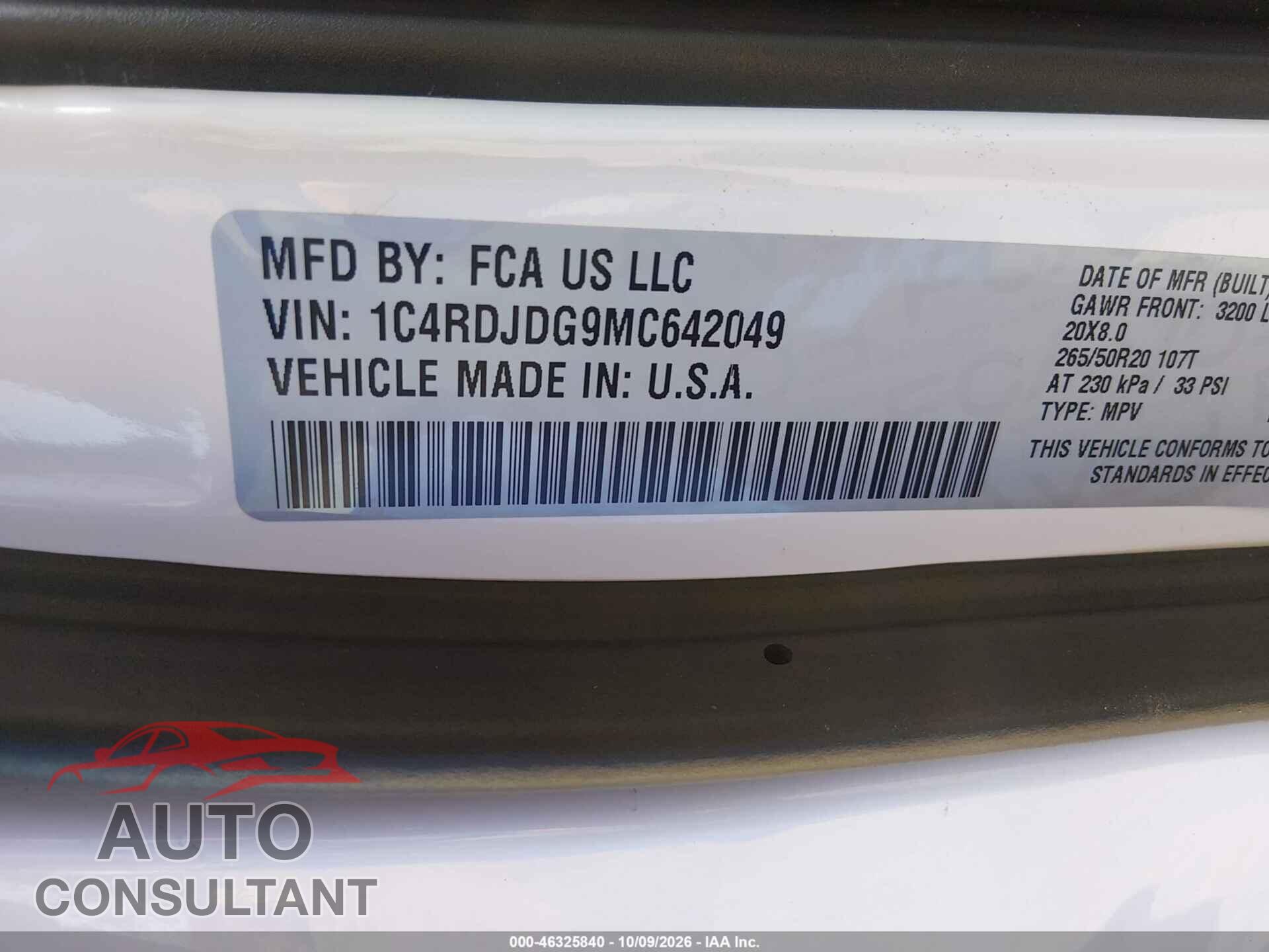 DODGE DURANGO 2021 - 1C4RDJDG9MC642049