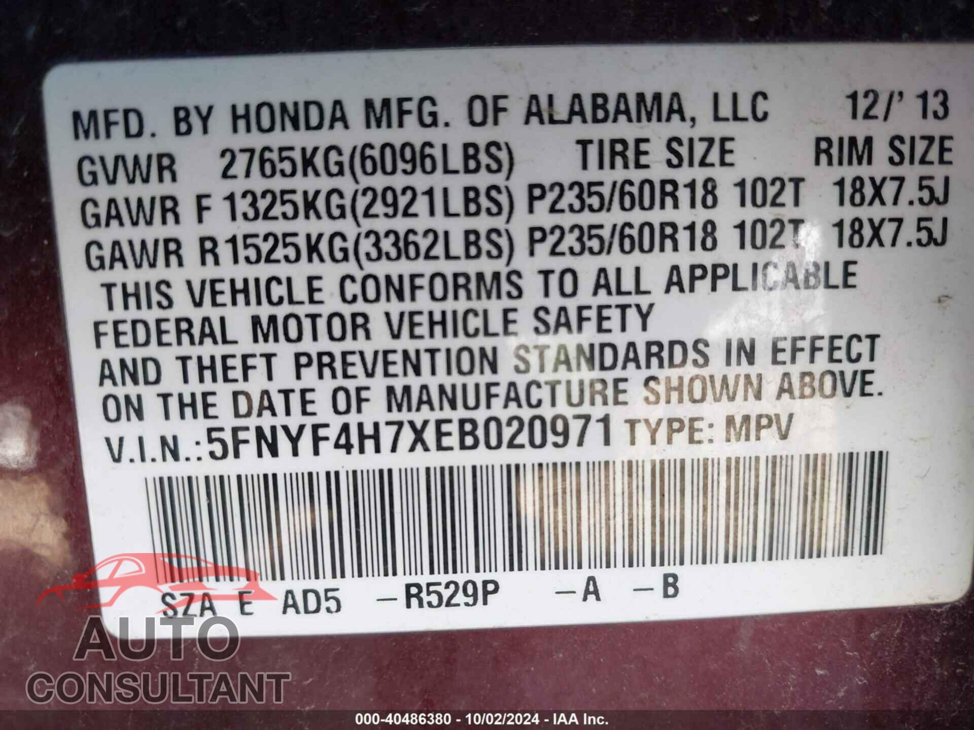 HONDA PILOT 2014 - 5FNYF4H7XEB020971