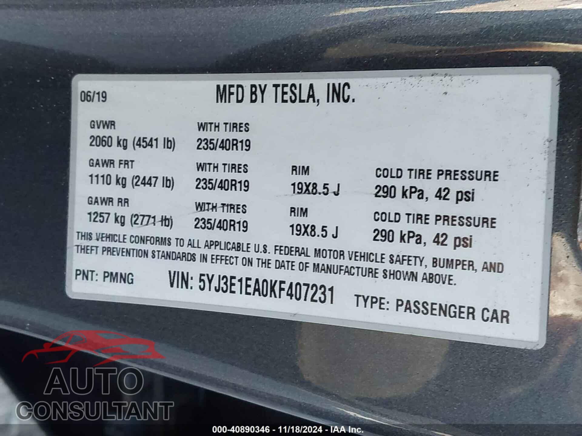 TESLA MODEL 3 2019 - 5YJ3E1EA0KF407231