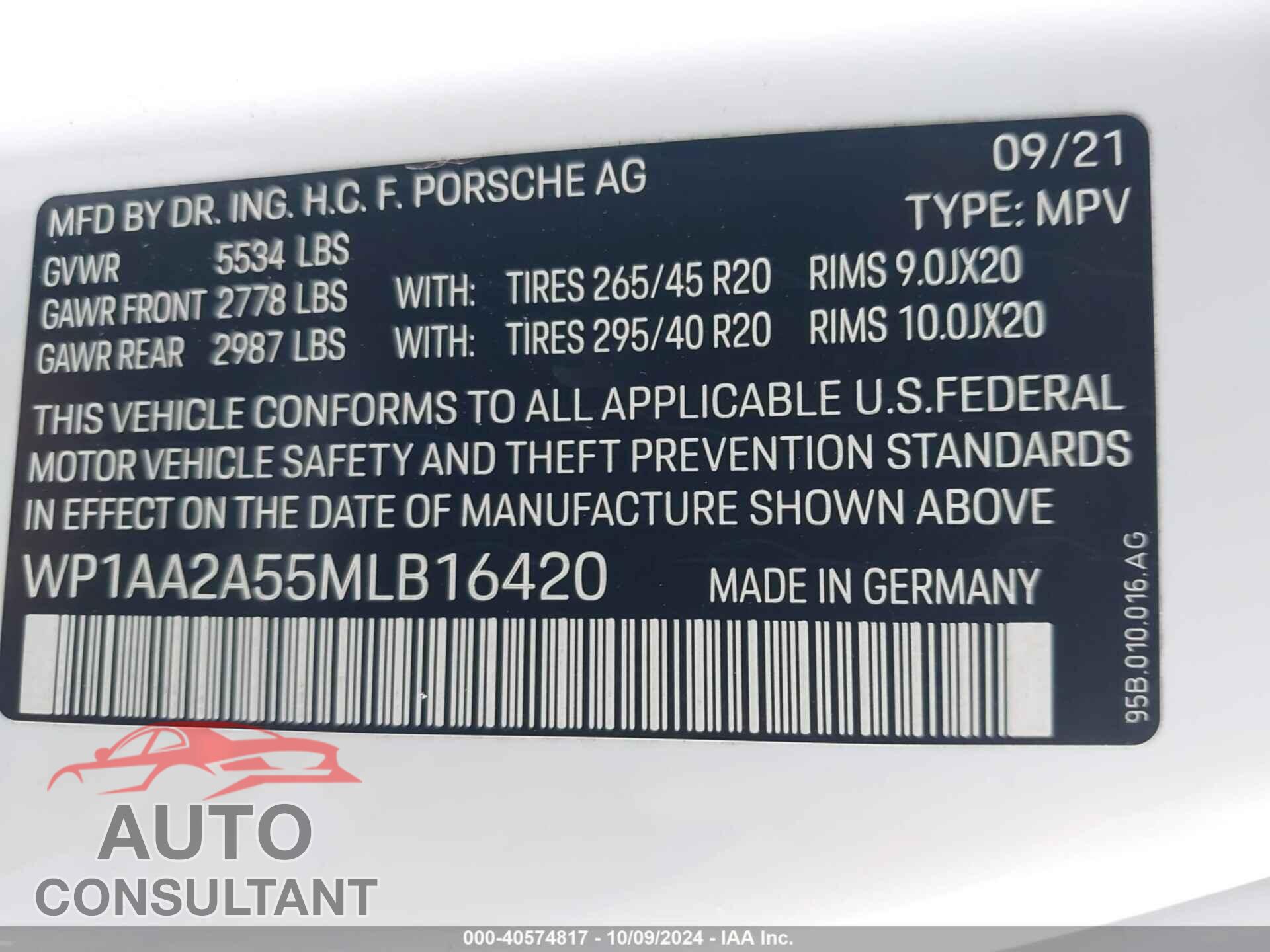 PORSCHE MACAN 2021 - WP1AA2A55MLB16420