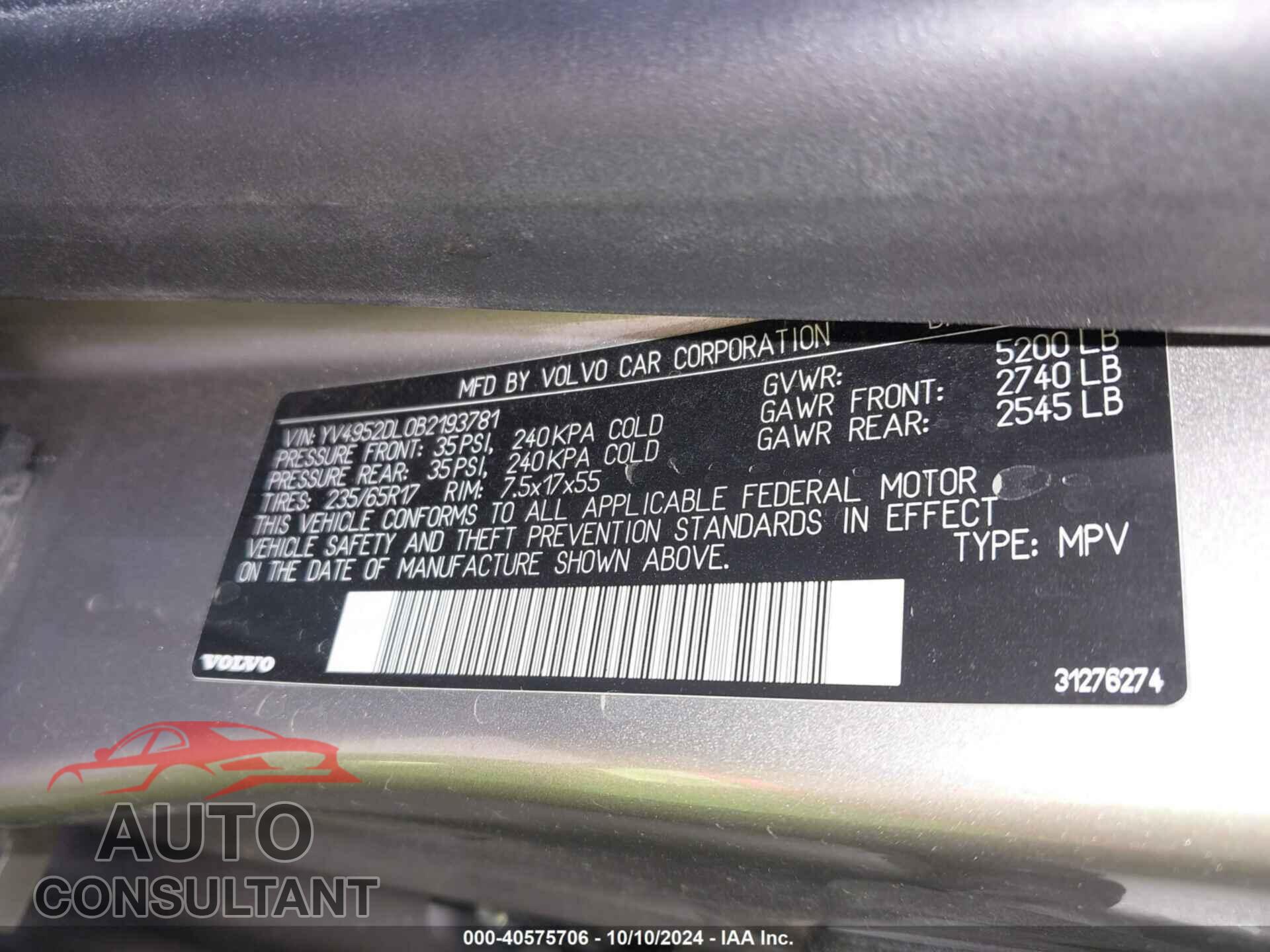 VOLVO XC60 2011 - YV4952DL0B2193781